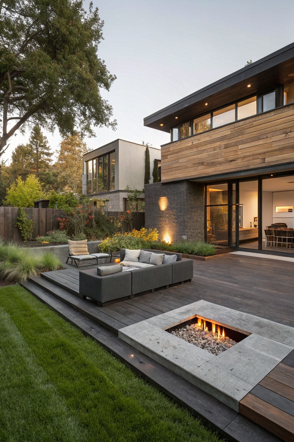 Elevated wood deck in a modern backyard with a linear gas fire pit in a concrete platform, gray outdoor sofa, lush green lawn, garden beds, and a contemporary house with cedar cladding and glass doors.