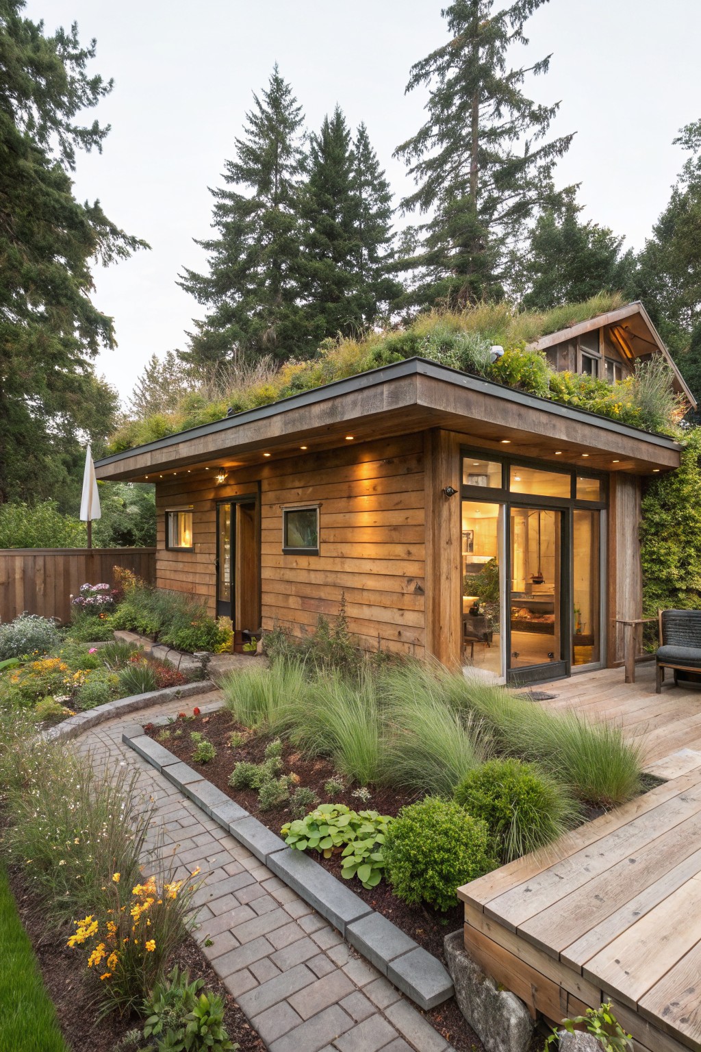Small modern cabin with cedar siding and green living roof, large glass doors opening to a wooden deck, brick pathway, and garden beds amid tall trees.