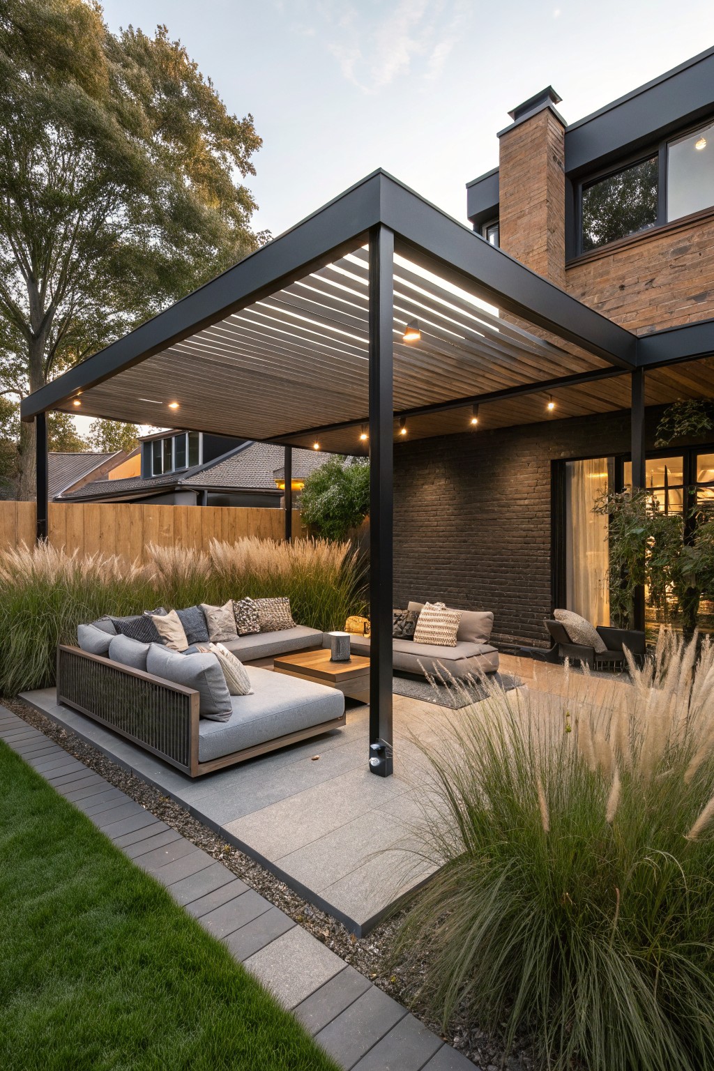 Backyard patio with black metal louvered pergola sheltering gray woven sofas and coffee table on stone pavers, tall grasses nearby, brick house wall with black windows and doors, and ground lights at dusk.