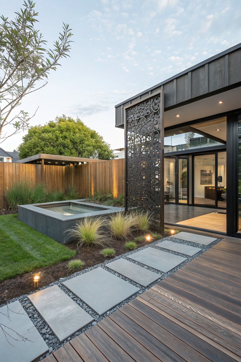 Modern backyard featuring a tall perforated black metal screen beside a dark-clad house with open glass doors to a wooden deck, a rectangular water feature edged in grasses, and a concrete paver path set in pebbles.
