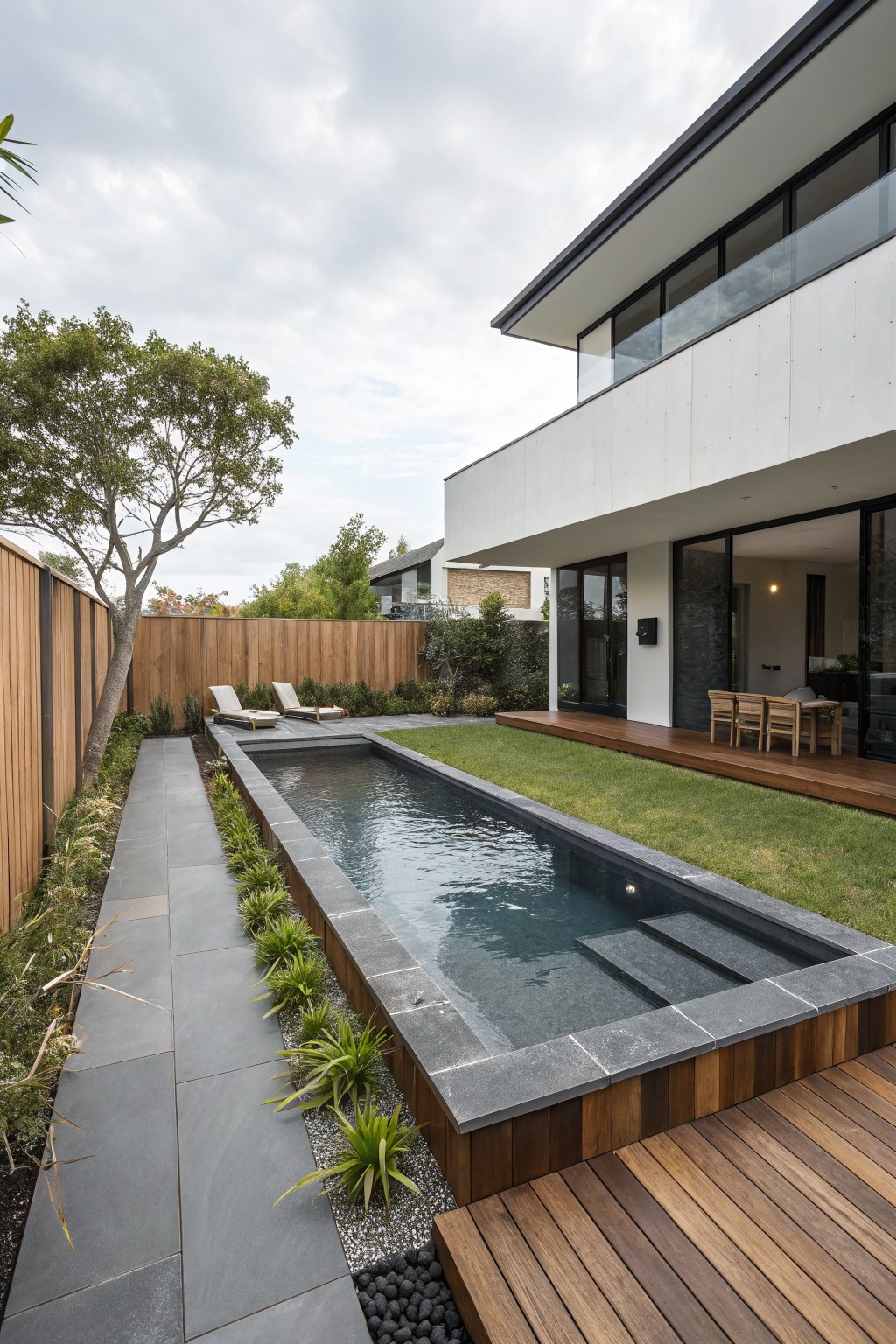 Long narrow black-tiled pool runs alongside a modern two-story white house in a backyard, bordered by bluestone pavers, green plants, timber deck, grass lawn, and glass sliding doors.