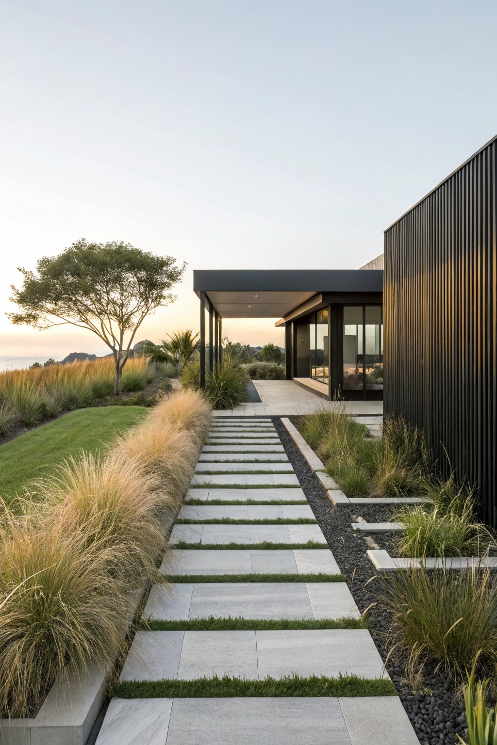 Stone paver walkway set in dark gravel and bordered by tall ornamental grasses leading to a modern house with black cladding, large glass walls, and a covered porch area next to lawn and trees.