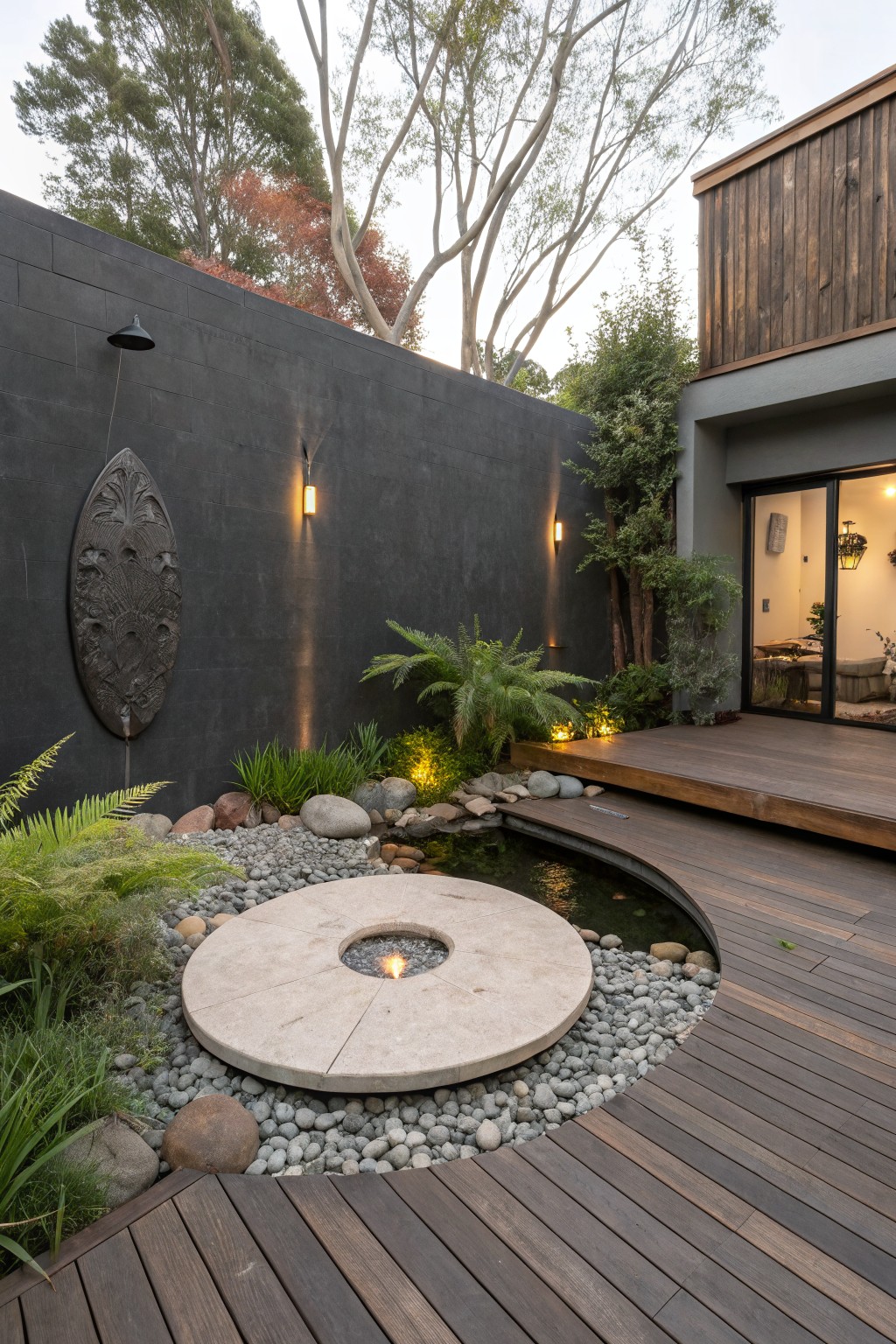 Curved wooden deck pathway around a pebble garden featuring a central circular stone fire pit with flames, adjacent curved pond, lush ferns and rocks, black textured privacy wall with wall lights and sculpture, and glass doors on a house exterior.