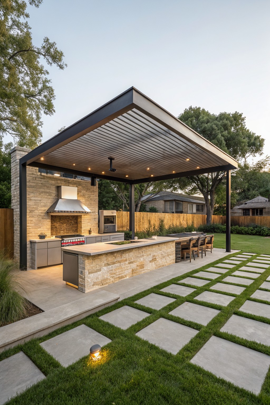 Modern outdoor kitchen with stone counters, built-in grill, and fireplace under a black slatted metal pergola on a gray paver patio next to grass and trees.