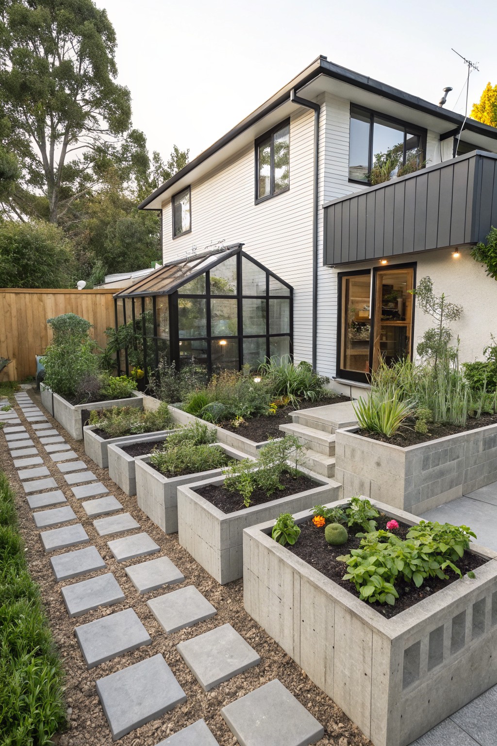 Modern two-story house exterior with white walls, black trim, glass conservatory addition, and stone pathway lined by rectangular concrete raised planters filled with herbs, vegetables, and succulents leading to entry steps.