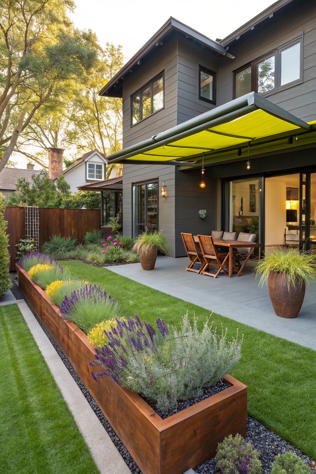 Gray modern house with yellow retractable awning over patio dining area, raised wooden planters filled with lavender and grasses bordering a green lawn, potted plants and fence in background.