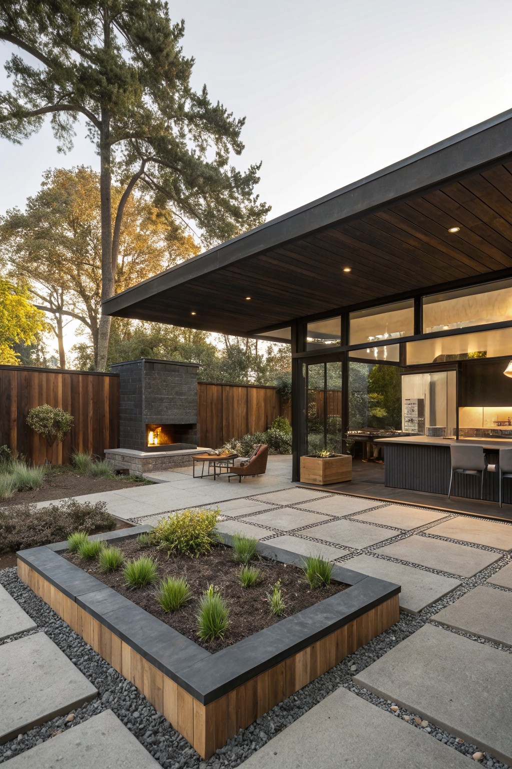 Modern backyard patio with light pebble flooring, black wood raised planter box containing grasses, linear fire pit surrounded by chairs, wooden fence backdrop, and large glass doors opening from kitchen.