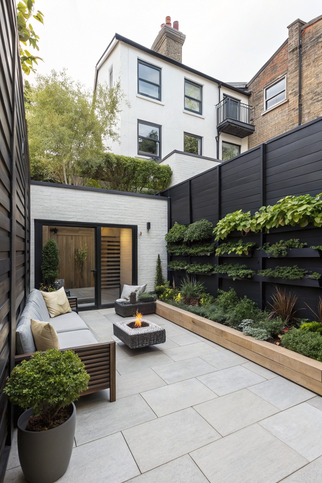 Narrow backyard patio with light gray stone pavers, black wooden fences lined with climbing plants and raised planters, gray outdoor sofa and chairs around a square fire pit table, and white house wall with black-framed doors in the background.