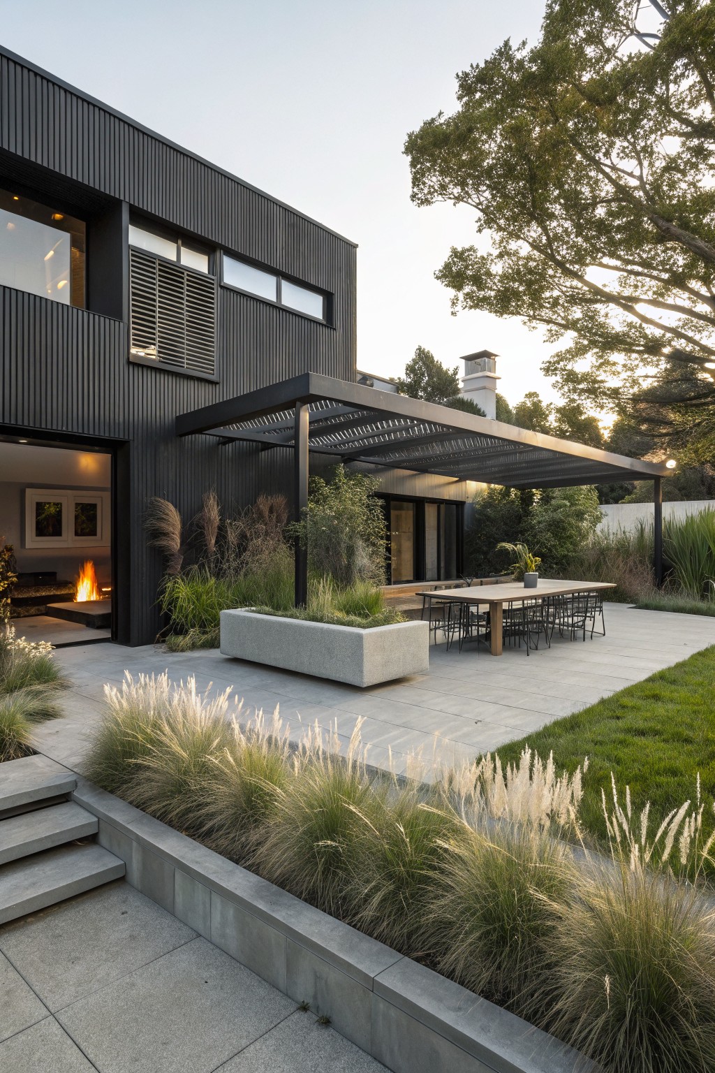 Black-clad modern house with large glass doors opening to a pergola-covered concrete patio bordered by tall feathery grasses, wooden dining table with chairs, and lawn beyond.
