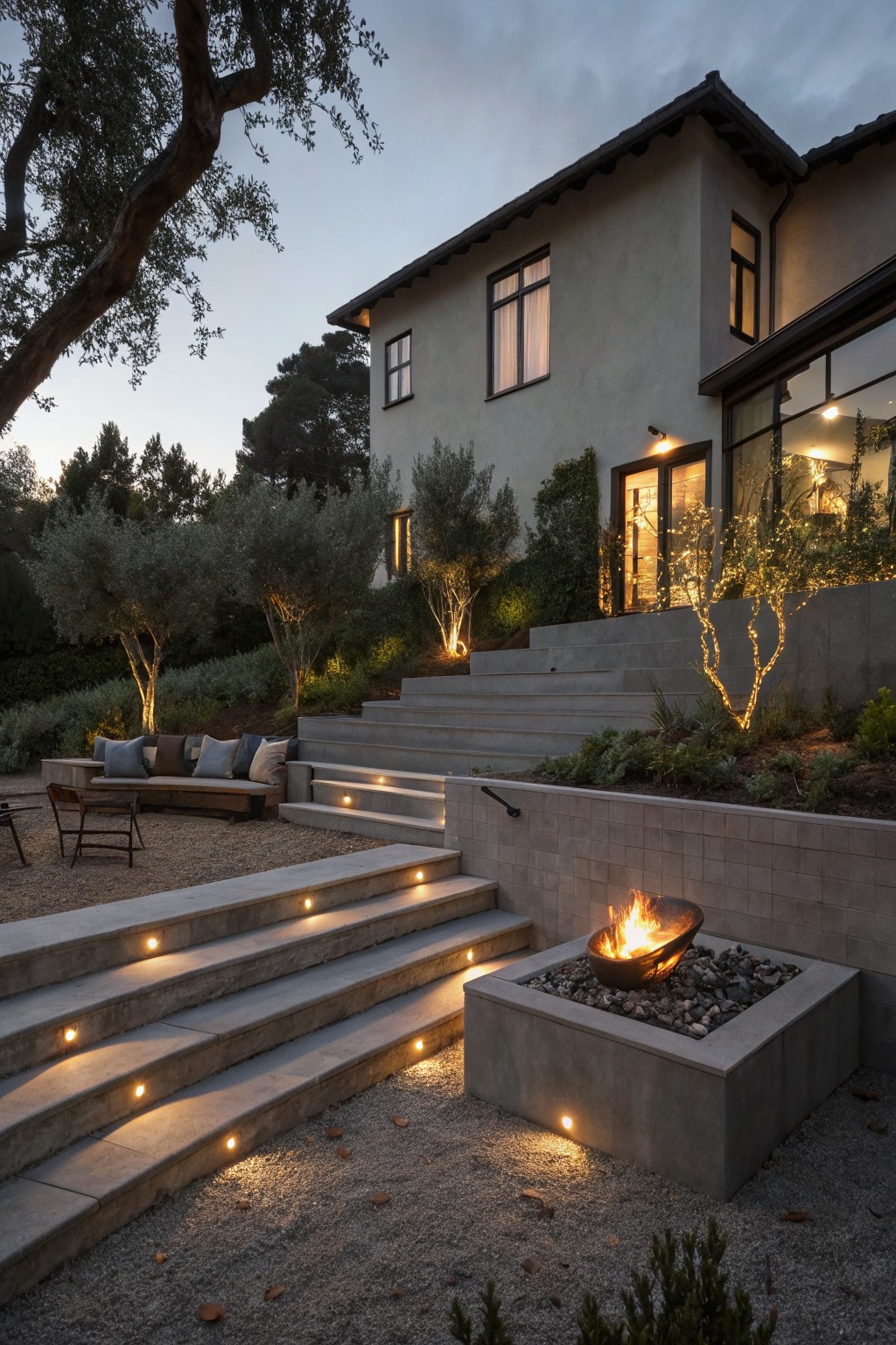 Wide Concrete Steps with Recessed Lights
