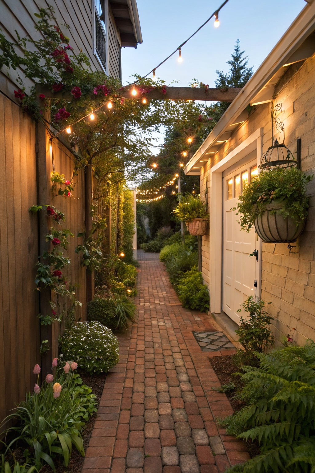 Narrow brick pathway lined with flower beds containing tulips, ferns, and other plants, climbing roses on wooden fence and wall, string lights overhead, leading to white garage door.
