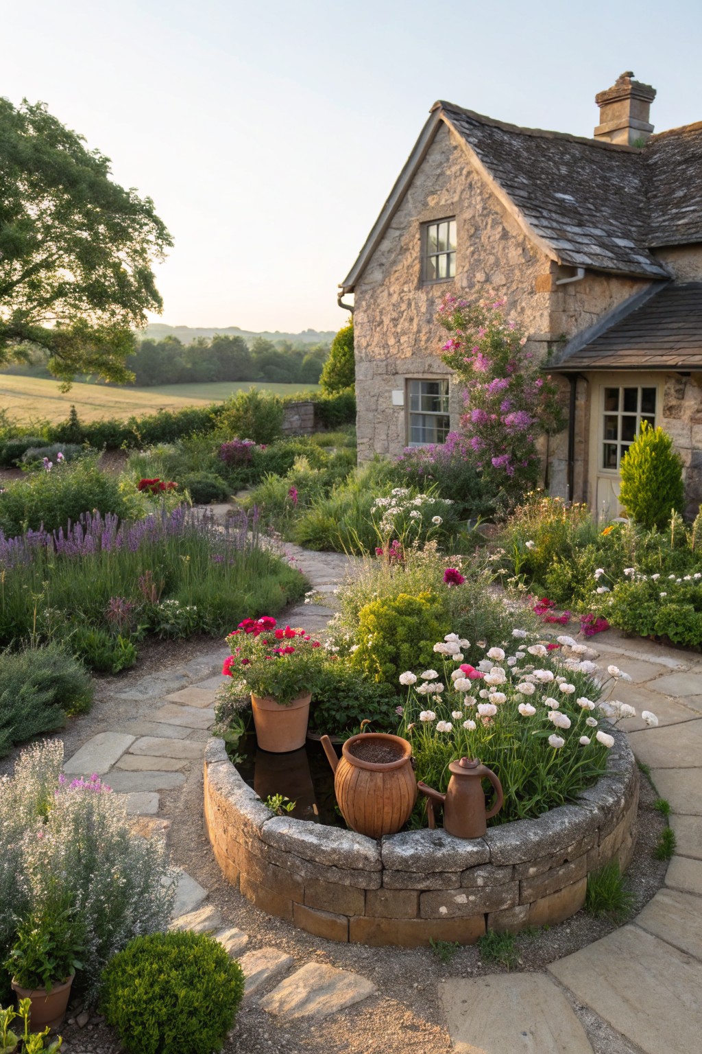 Rustic stone cottage with climbing pink flowers on the wall, lush mixed flower beds of perennials and herbs, winding stone path, and central circular stone well edged with terracotta pots, geraniums, and watering cans.