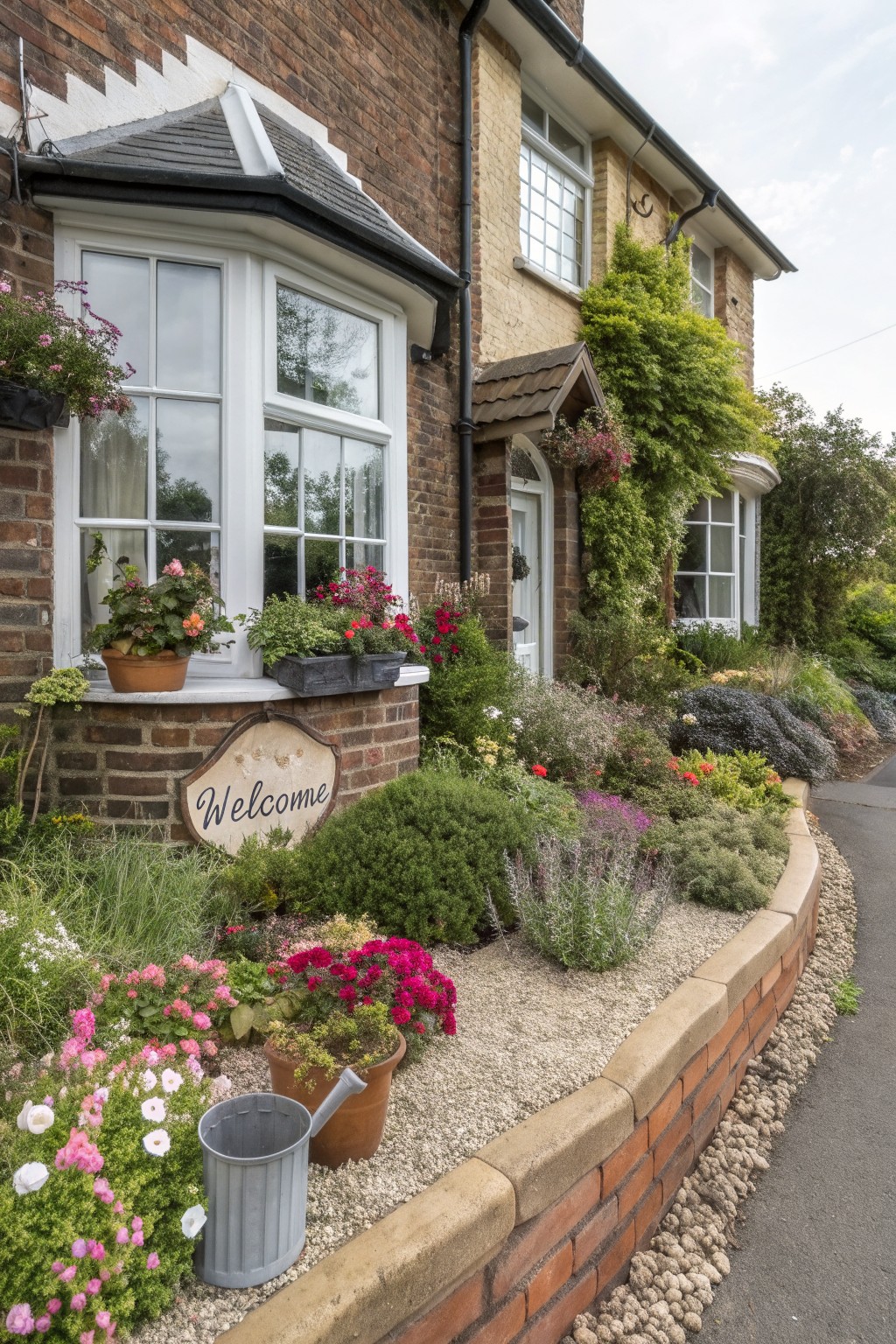 Brick cottage house with bay window, white front door, hanging flower baskets, and curved brick-edged flower beds filled with colorful blooms, shrubs, and gravel mulch along the driveway edge.