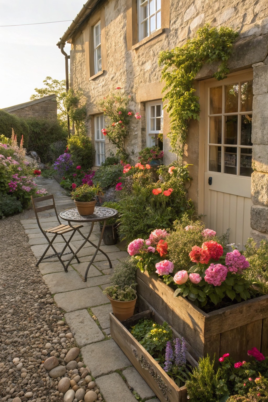 Stone cottage exterior featuring a gravel and stone path lined with colorful flower beds of pinks, reds, and purples, a wooden planter box with blooms, ivy on walls, a small metal bistro table and chairs, and an open side door.