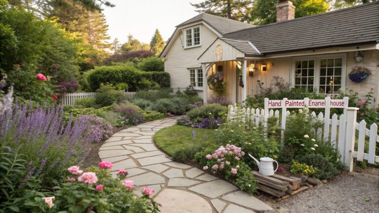 Winding flagstone path bordered by purple asters, pink roses, lavender, and other perennials leading to a beige shingled cottage with climbing pink roses on the wall and a white picket fence.