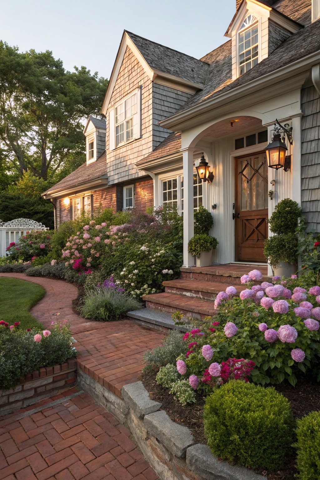 Shingled cottage house exterior with white porch, wooden door, flanked by boxwoods, and a curving brick path edged by flower beds of pink hydrangeas, roses, and perennials.