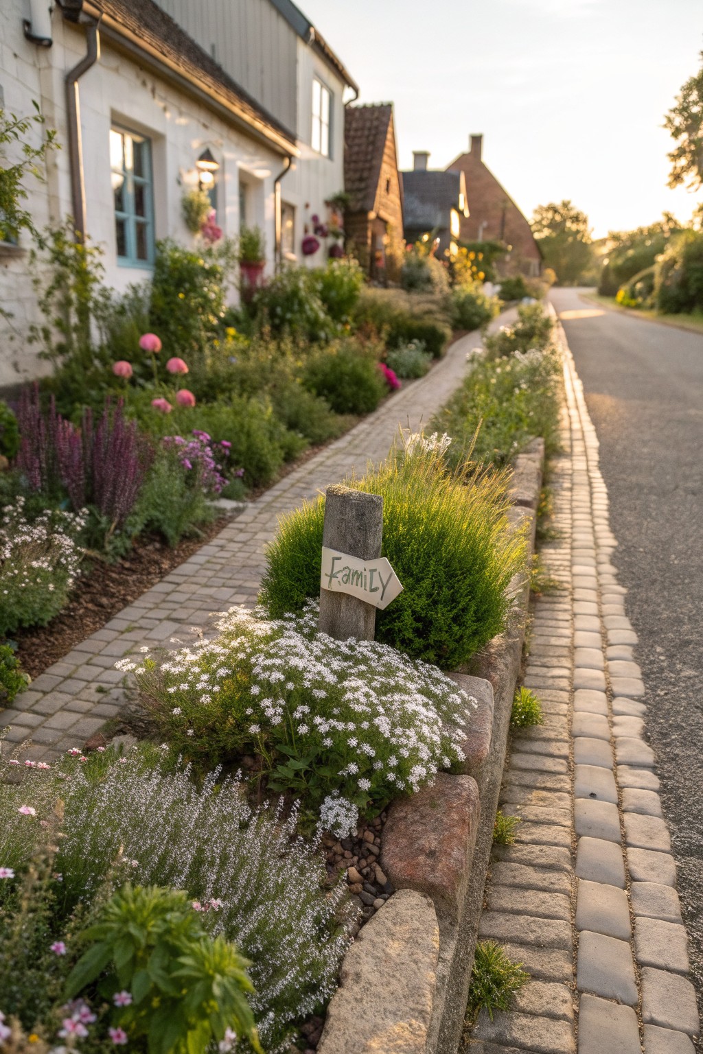 Cobblestone garden path edged by a low stone wall and dense flower bed with mixed perennials, grasses, and a wooden post sign reading 