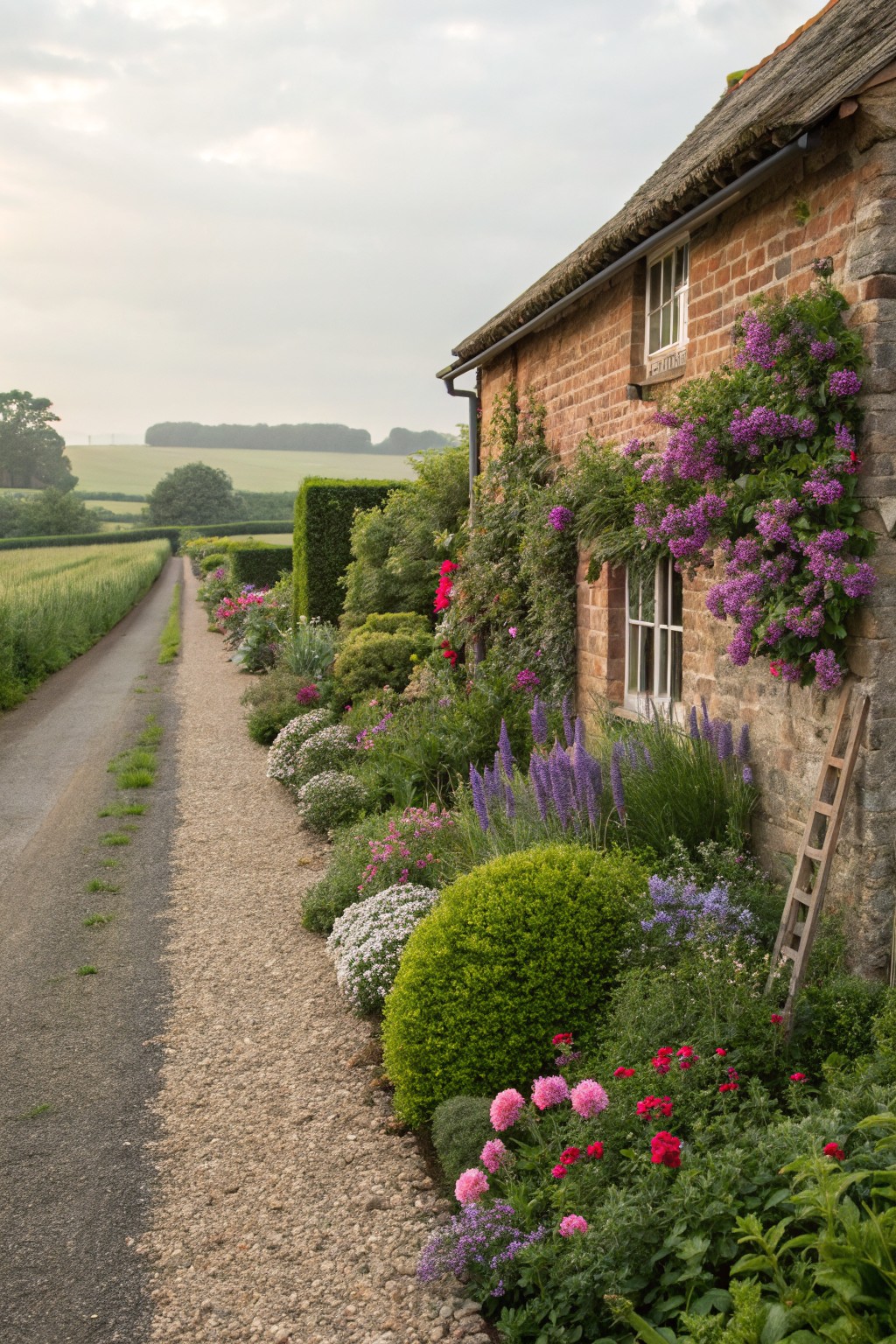 A brick cottage with thatched roof and climbing purple flowers on the wall, next to a gravel path lined with layered flower beds of lavender, pink blooms, and green shrubs in a rural field setting.