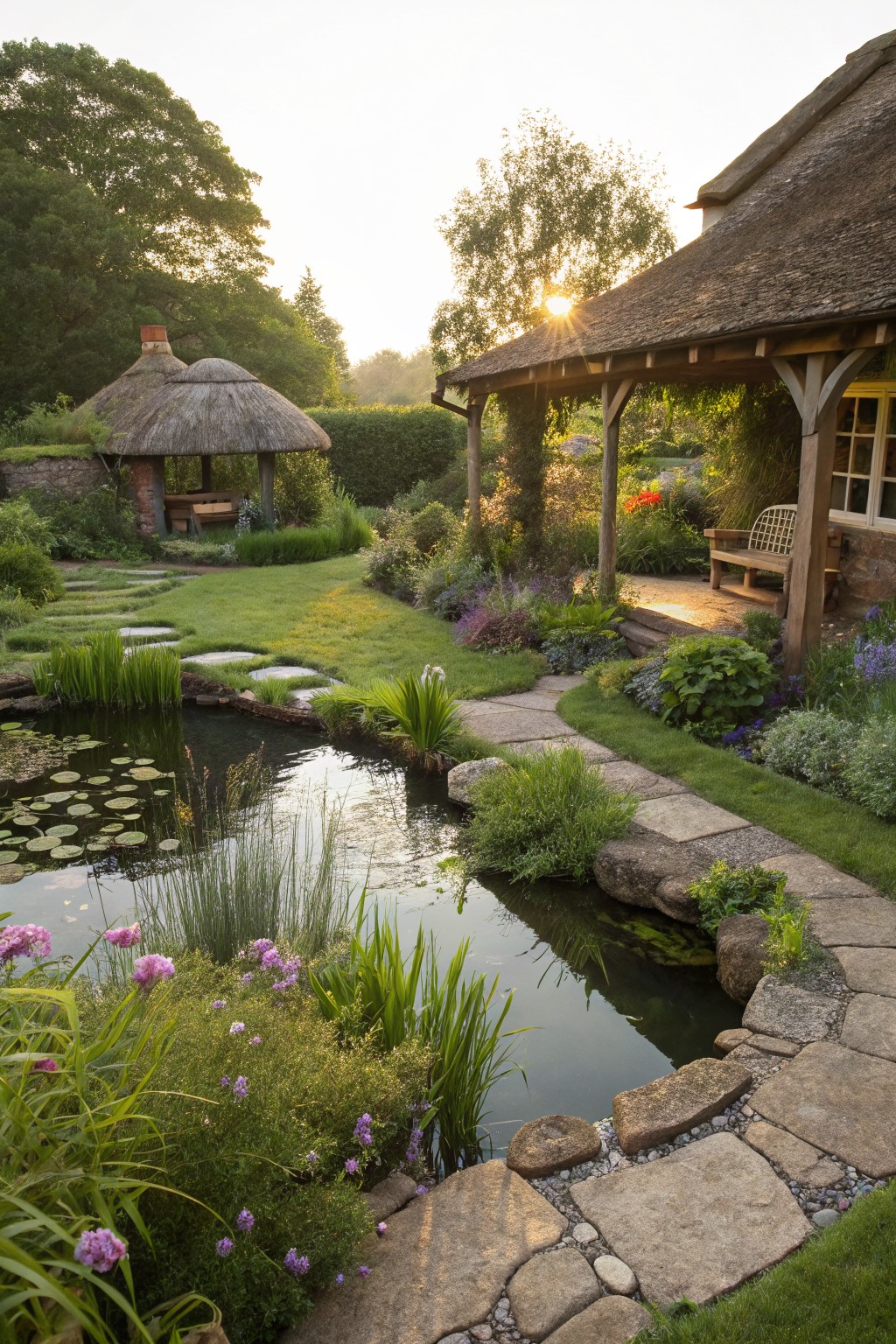 Garden with thatched cottage porch and gazebo, curved stepping stone path leading past flower beds and a pond with water lilies and reeds at sunset.