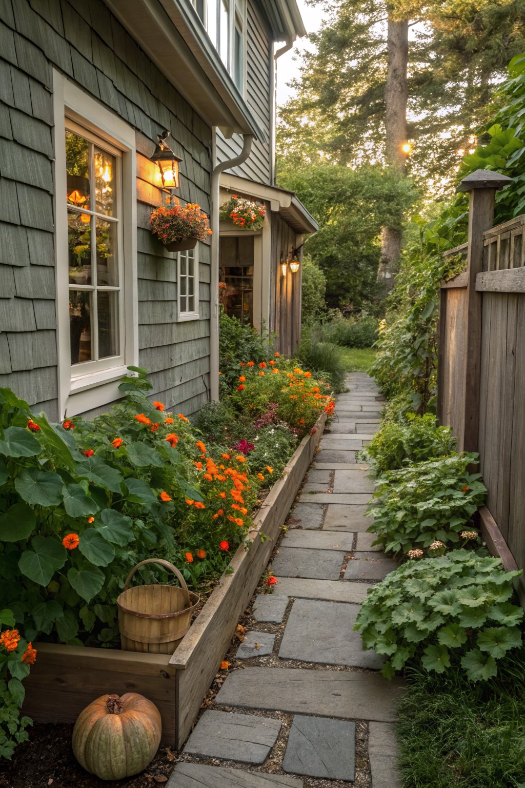 Stone pathway bordered by wooden raised planters overflowing with orange marigolds, pumpkin vines, and a large pumpkin, adjacent to a gray shingled house wall with lanterns, hanging flower baskets, and greenery.