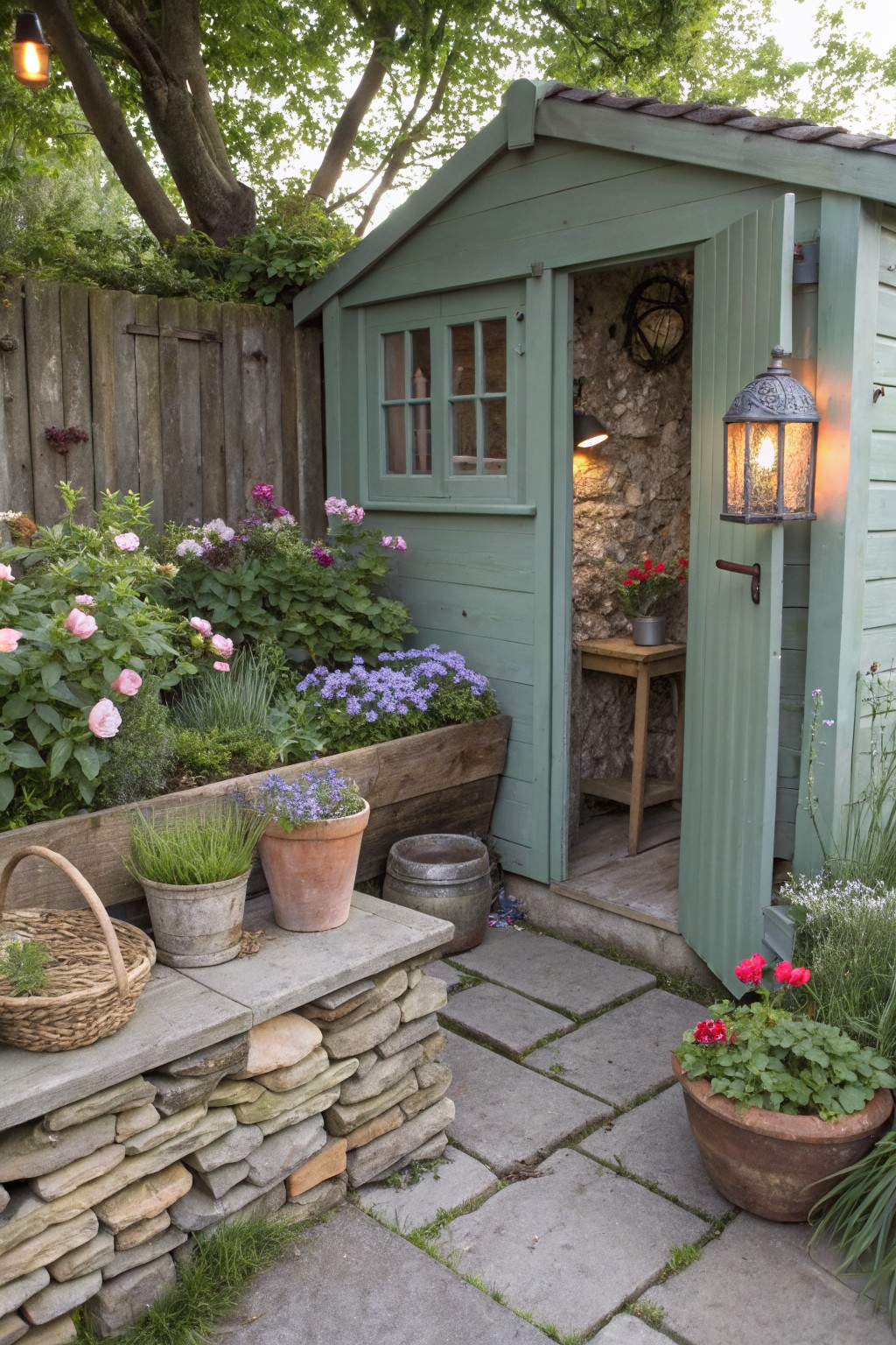 Green wooden garden shed with open door and stone interior wall, adjacent to a low stone wall topped by a wooden raised planter box overflowing with pink roses, purple flowers, and green plants, potted plants on the wall, paver path, and large terracotta pot nearby.