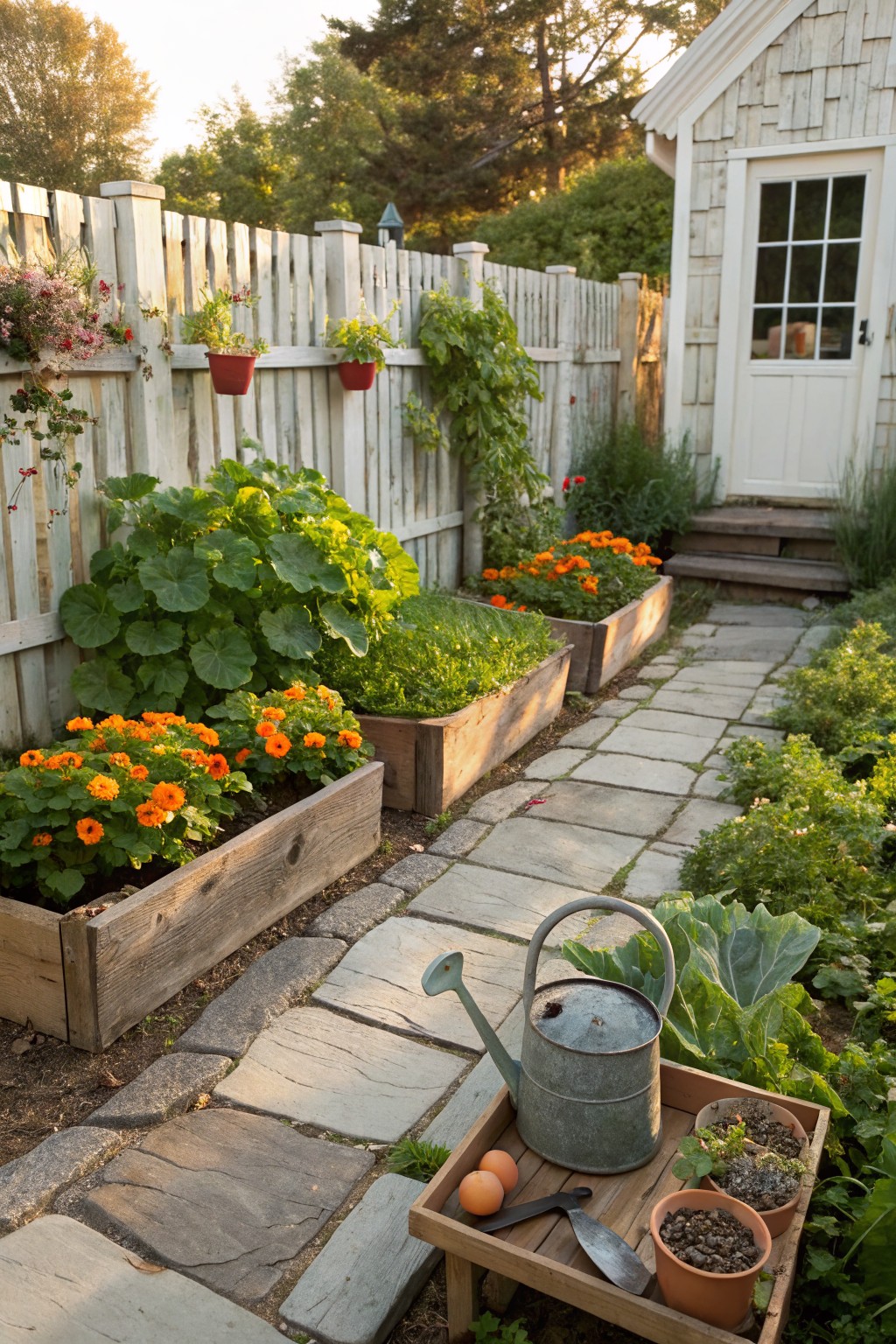 Wooden raised planters along a stone garden path filled with orange flowers, green plants, and vegetables, with a metal watering can, eggs, and tools on a wooden tray nearby, white picket fence, and small white shed in the background.