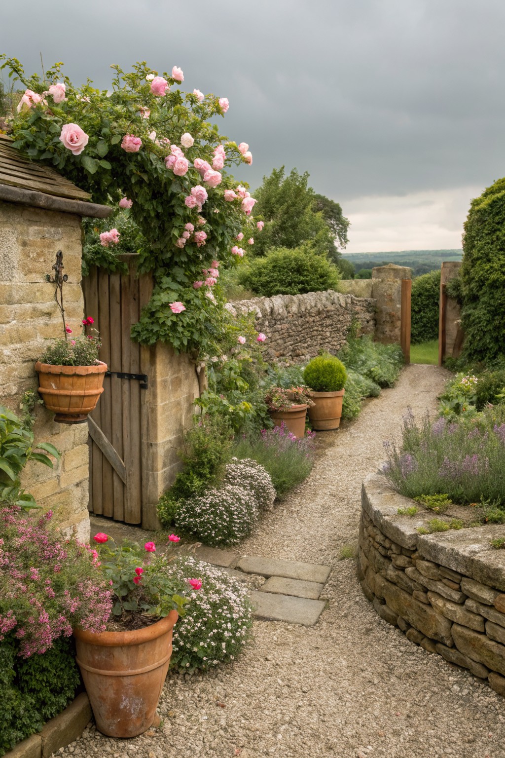 Gravel garden path bordered by low stone walls and mixed flower beds, with pink climbing roses covering a wooden door on a stone outbuilding and terracotta pots nearby.