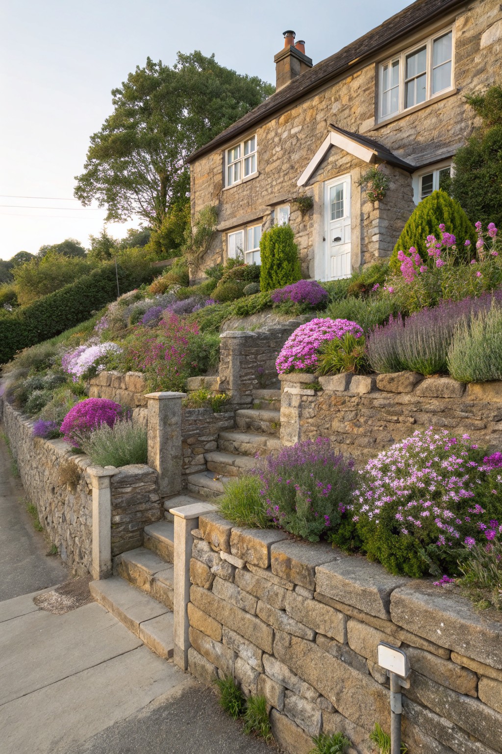 Stone cottage with terraced flower beds of pink and purple blooms retained by matching stone walls and steps on a hillside.