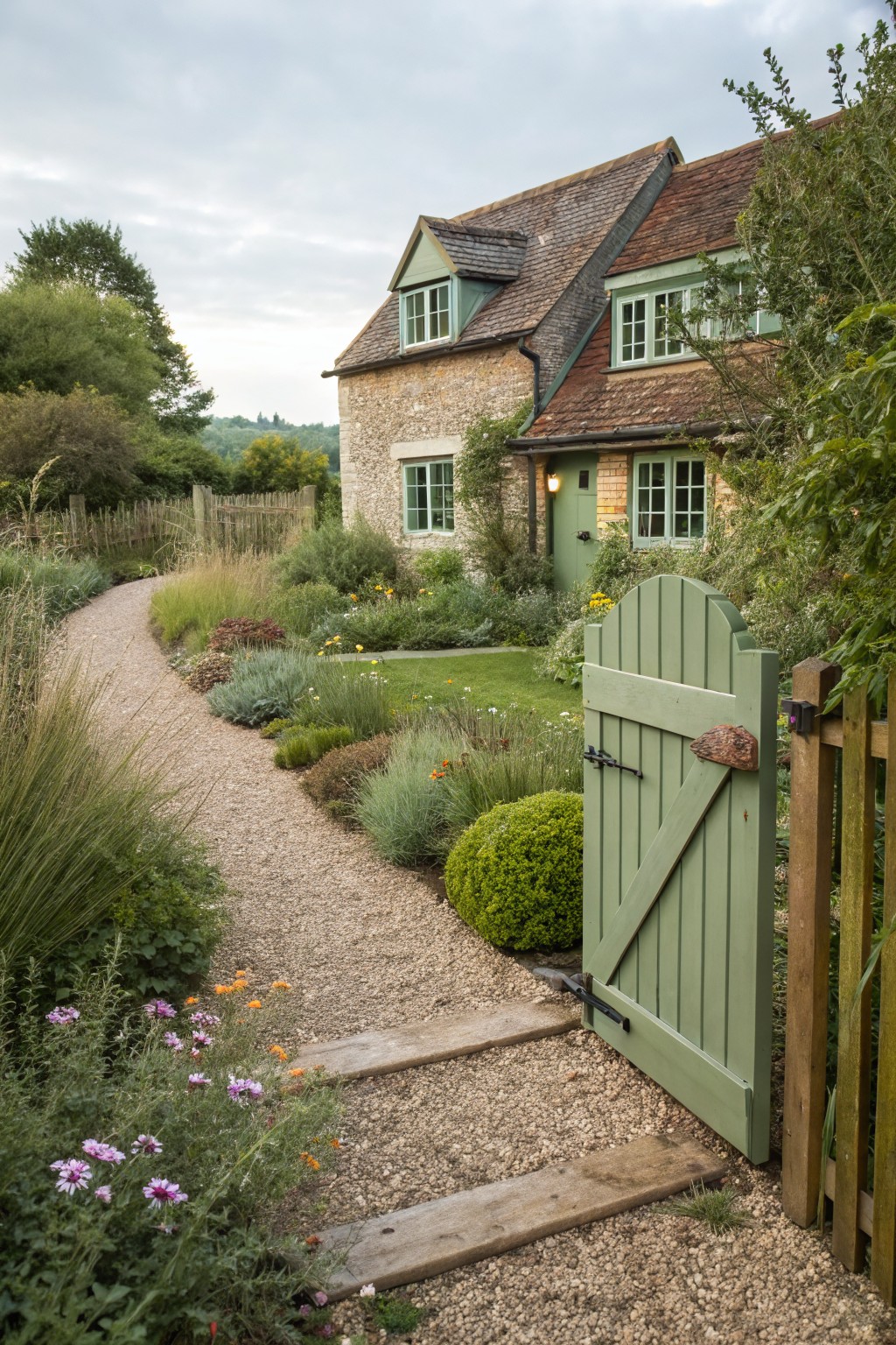 Stone cottage with green windows and door behind dense garden plantings, featuring a curving gravel path lined with flowers, grasses, and shrubs leading to a green wooden arched gate.