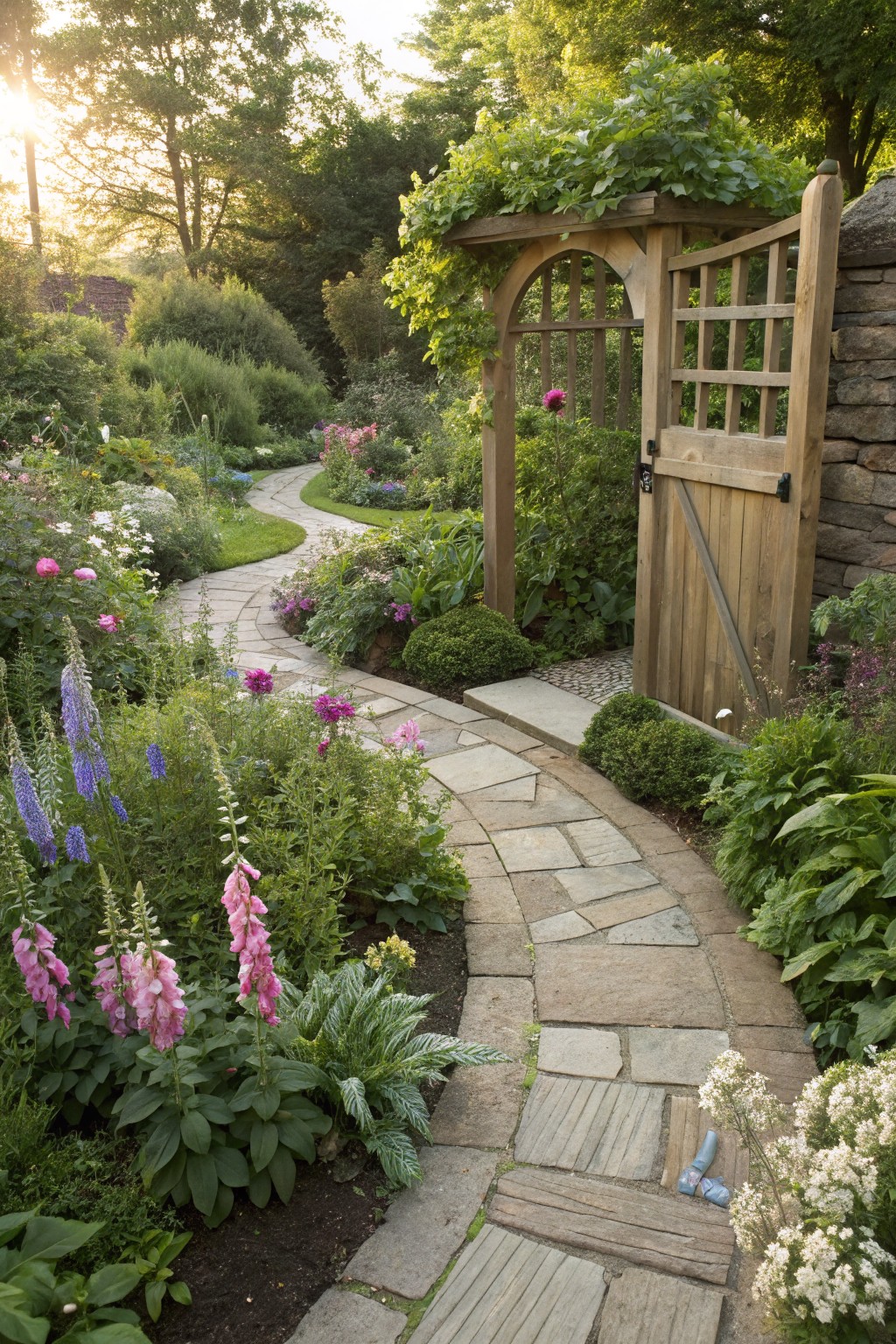 A curving flagstone path winds through dense flower beds with pink foxgloves, delphiniums, and other plants, leading to an open wooden lattice gate on a stone wall in a garden.