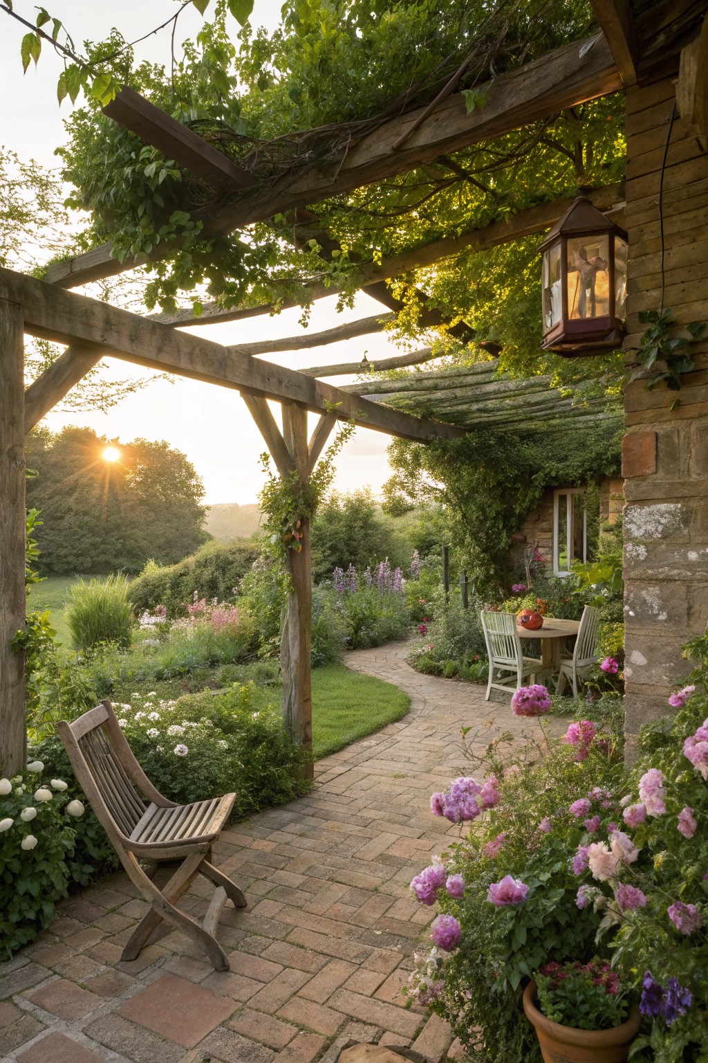 Curved brick pathway under vine-covered wooden pergola, lined with pink roses, white flowers, and greenery beside stone cottage wall with outdoor table and chairs at sunset.