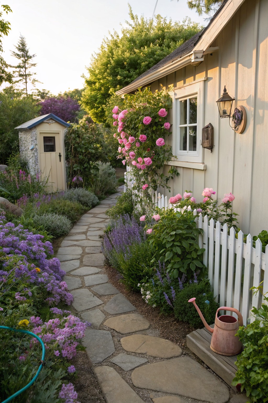 Winding flagstone path bordered by purple asters, pink roses, lavender, and other perennials leading to a beige shingled cottage with climbing pink roses on the wall and a white picket fence.