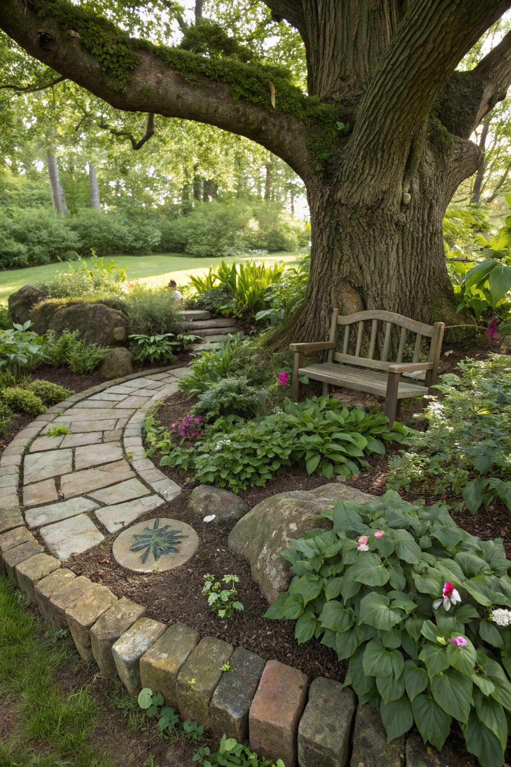 A curved flagstone pathway edged with bricks winds through lush flower beds, boulders, and green plants around a large mossy oak tree with a wooden bench at its base.