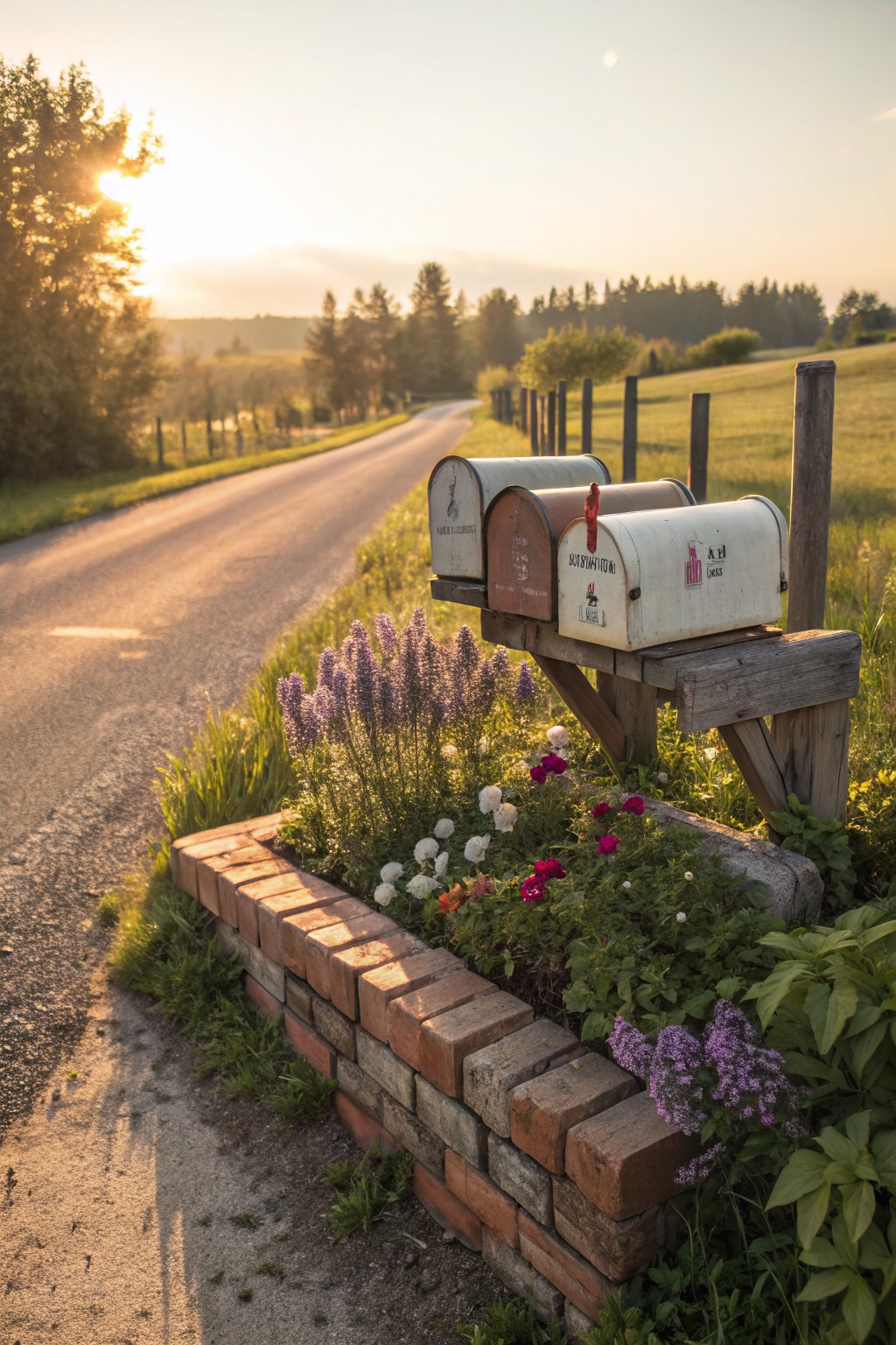 Rustic metal mailboxes on a wooden post beside a rural road, with a brick flower bed containing purple spikes, white daisies, pink and red blooms, grass, and a wooden fence in a field at sunrise.
