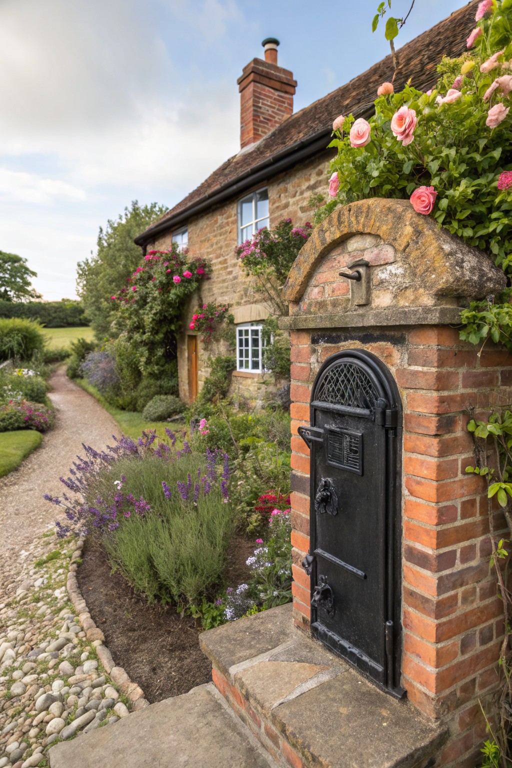 Brick pillar with arched black wrought iron mailbox door and decorative knocker, surrounded by lavender plants and flower beds along a gravel path leading to a stone cottage with pink climbing roses.