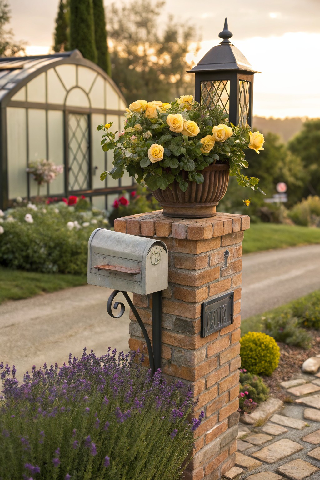 Brick Pillar Mailbox with Overflowing Roses