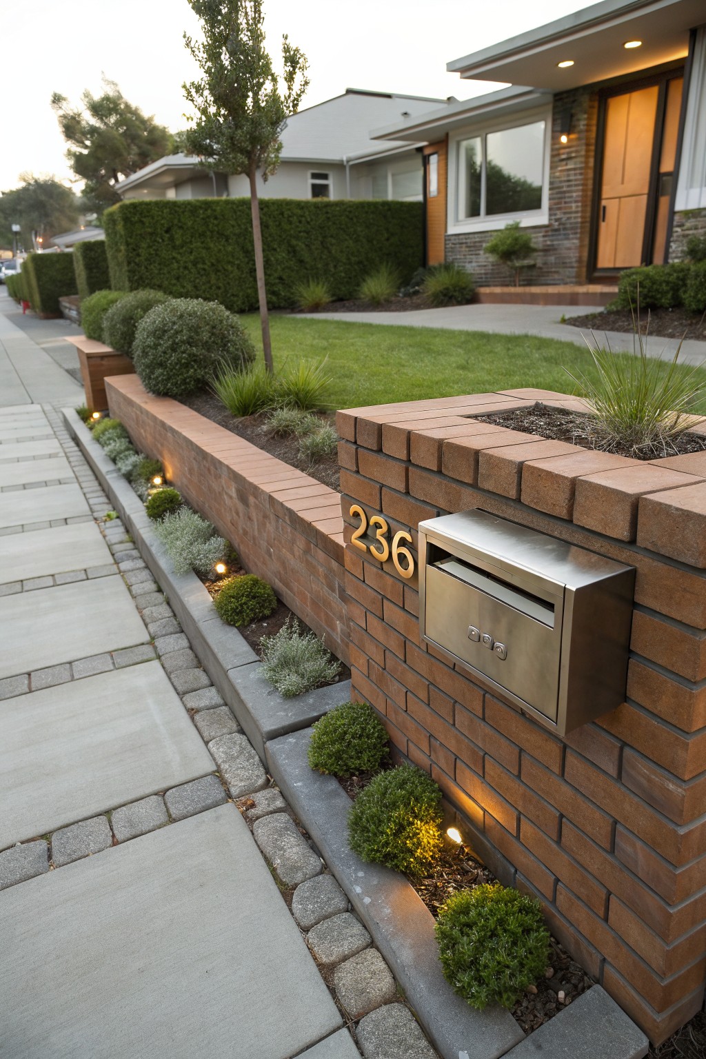 Brick retaining wall along a paved sidewalk with gold house numbers 236, stainless steel mailbox mounted on it, low plants and grasses in the top planter, and embedded lights, adjacent to a house exterior.