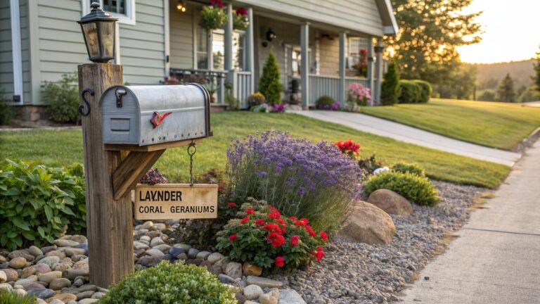 Rustic wooden post with hanging lantern and white metal mailbox labeled "Lavender Coral Geraniums" surrounded by purple lavender bushes, coral geranium clusters, and a pebble-edged garden bed next to a gravel driveway leading to a beige house.