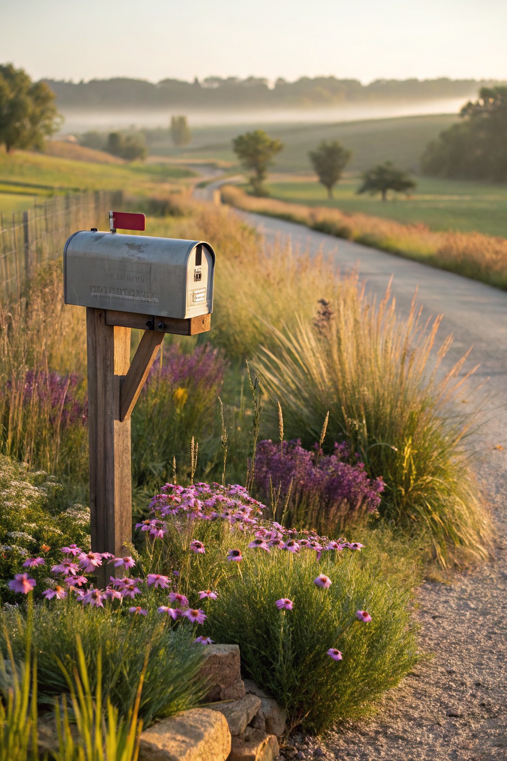 Silver rural mailbox on wooden post surrounded by tall ornamental grasses, purple flowers, pink daisies, rocks, and low plants next to a gravel road with fields and trees in the background.