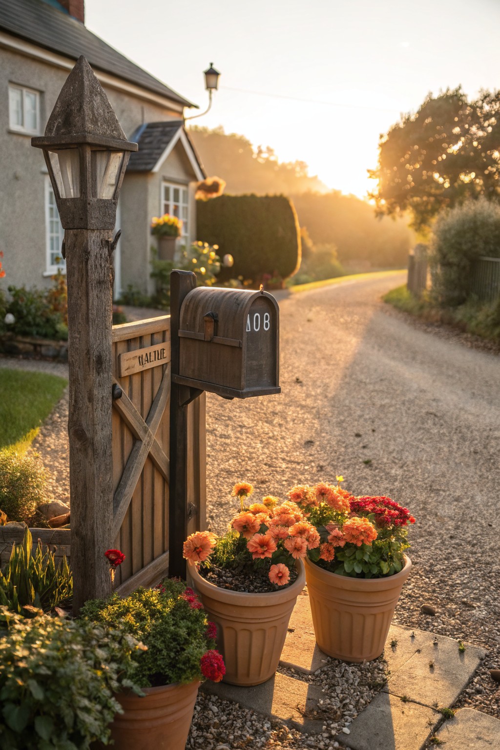 Rustic wooden gate and post with lantern beside a dark wooden mailbox numbered 108, surrounded by terracotta pots of orange daisies and red geraniums on gravel near a countryside house at sunset.