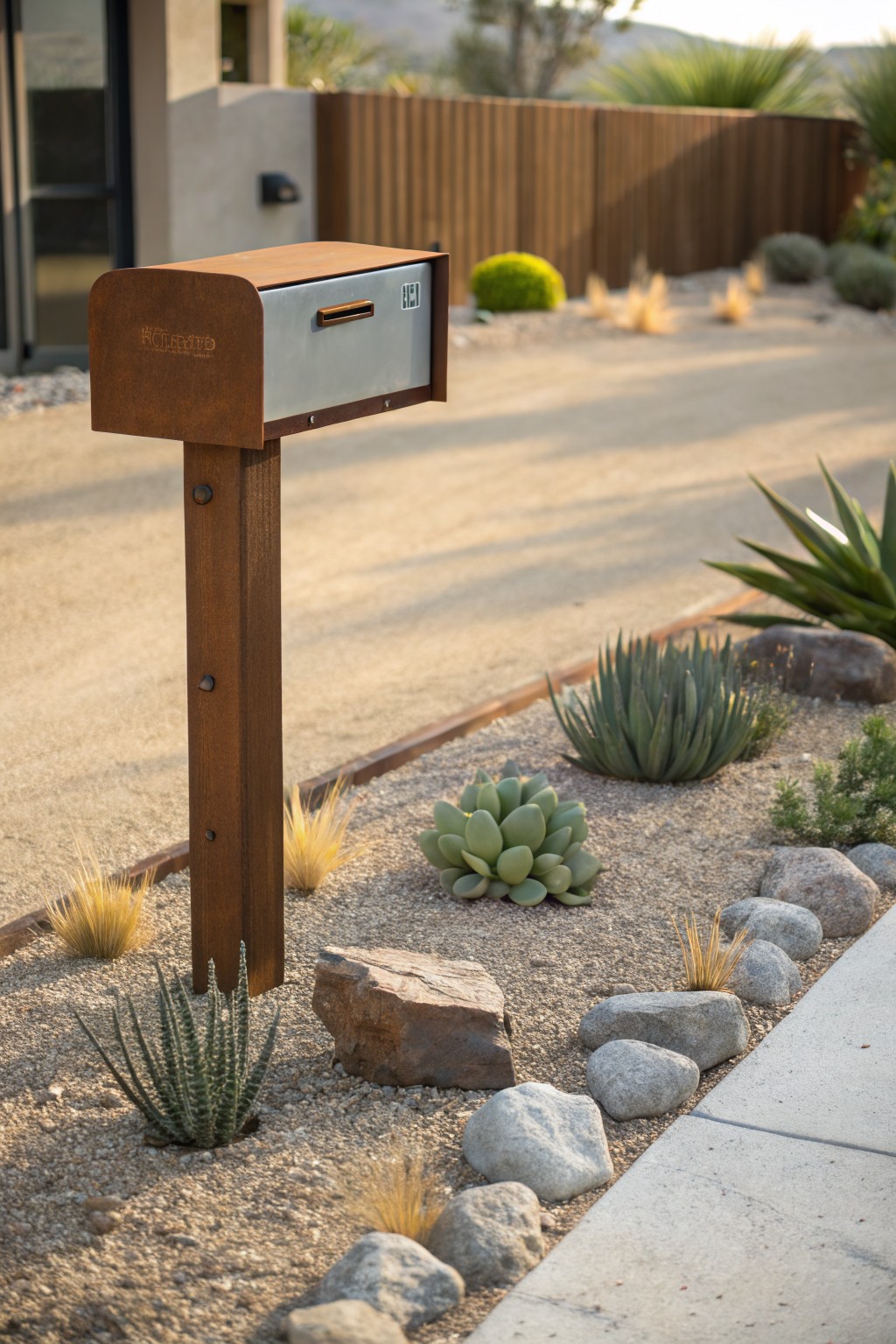 Corten steel mailbox on wooden post in gravel garden with succulents including agaves and echeverias, rocks, and edging beside a modern house and fence in desert landscape.
