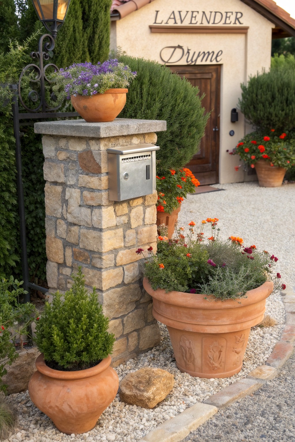 Stone pillar with metal mailbox surrounded by assorted terracotta pots filled with purple flowers, orange calendulas, green shrubs, and lavender, next to a small building labeled Lavender Thyme on a gravel path.
