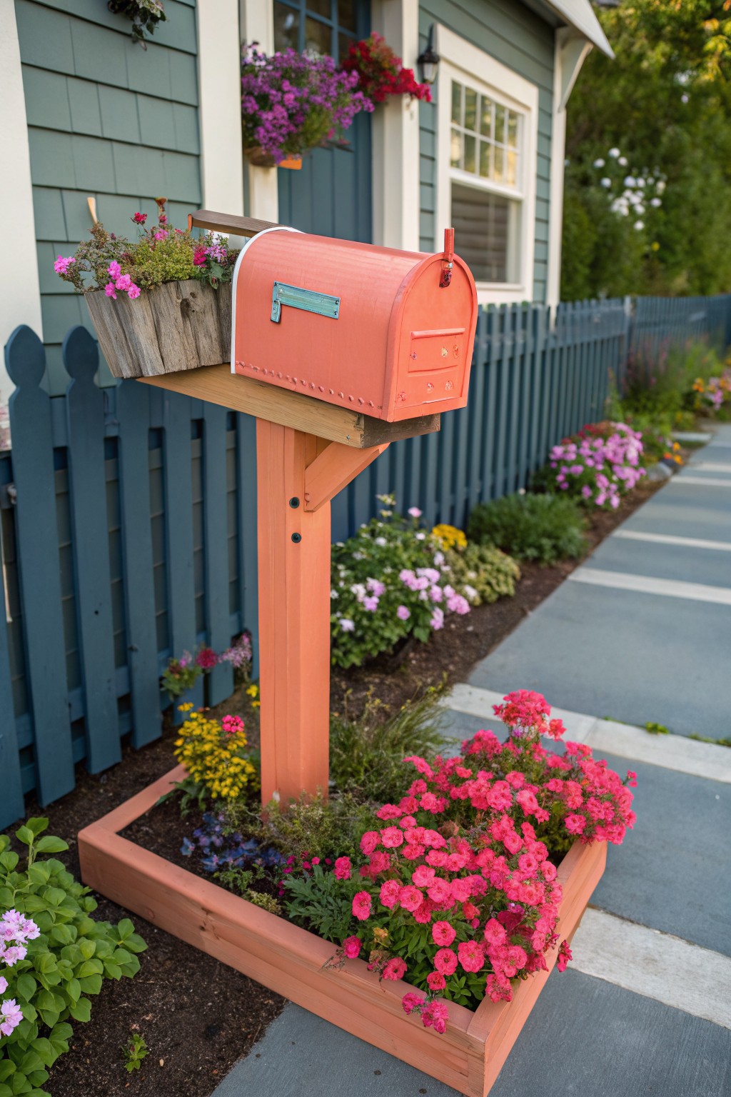 Orange mailbox elevated on a wooden post with a raised wooden planter box at the base filled with colorful flowers including pinks and purples, next to a dark blue picket fence, flower beds, and a concrete path beside a teal house.