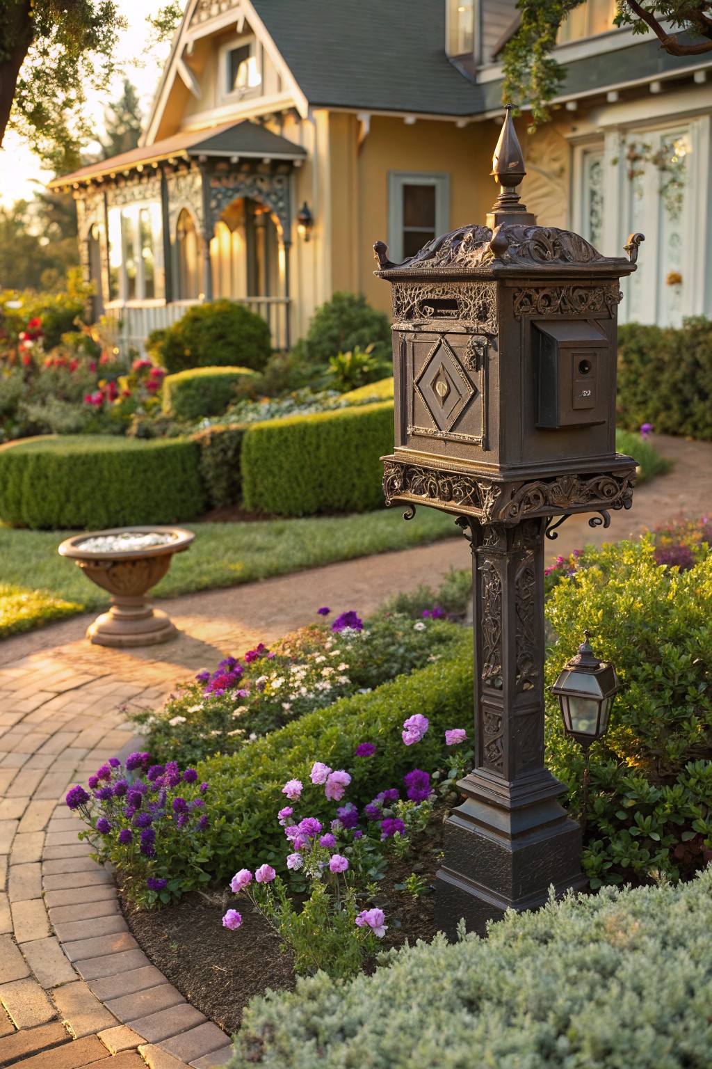 Ornate bronze mailbox on a pedestal surrounded by purple and pink flowers, green shrubs, a brick pathway, stone urn, and Victorian house in the background at sunset.