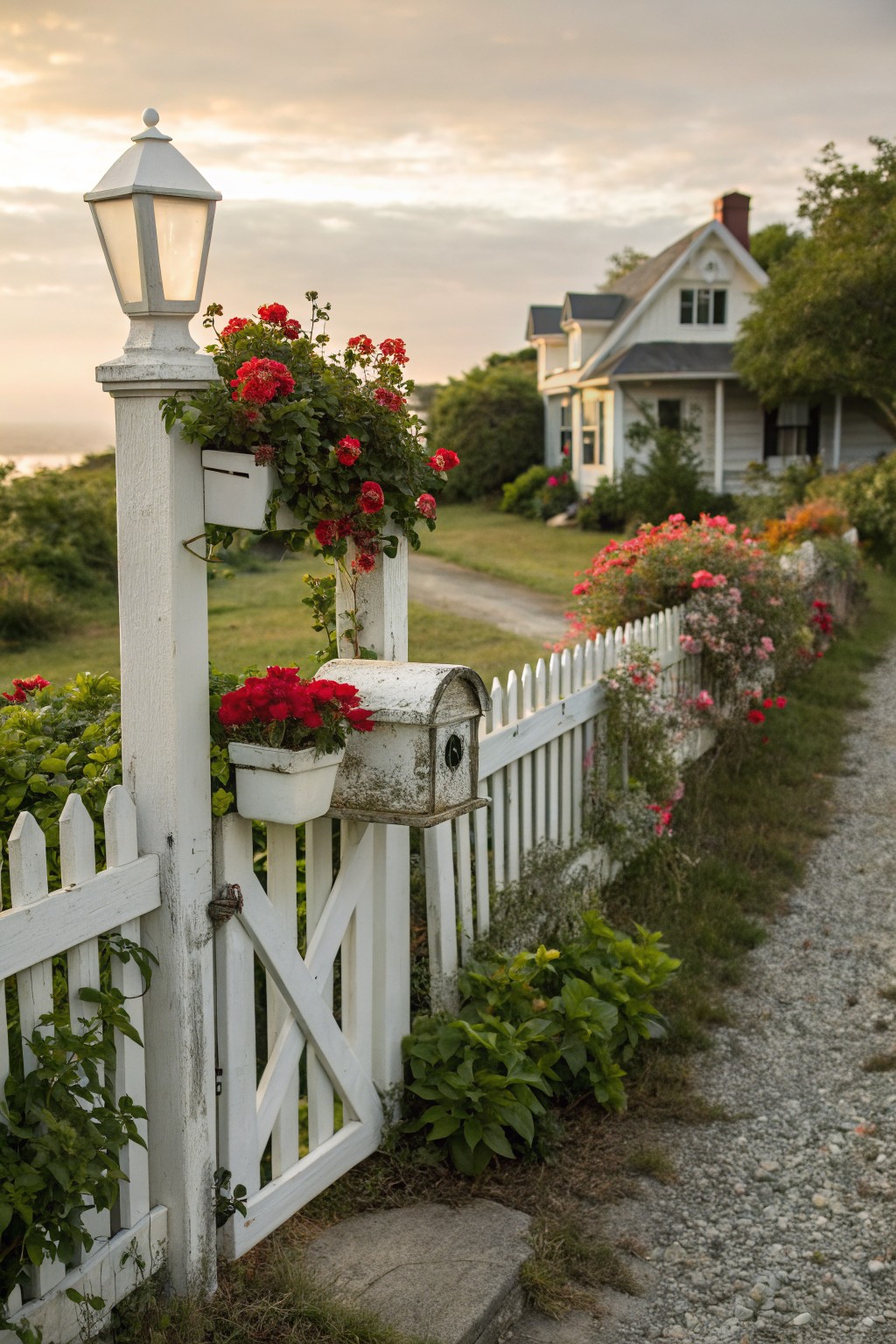 White picket fence gate with vintage white mailbox on the post holding red roses in a pot, climbing red roses on the post and fence, lamppost with roses, gravel path leading to white house.