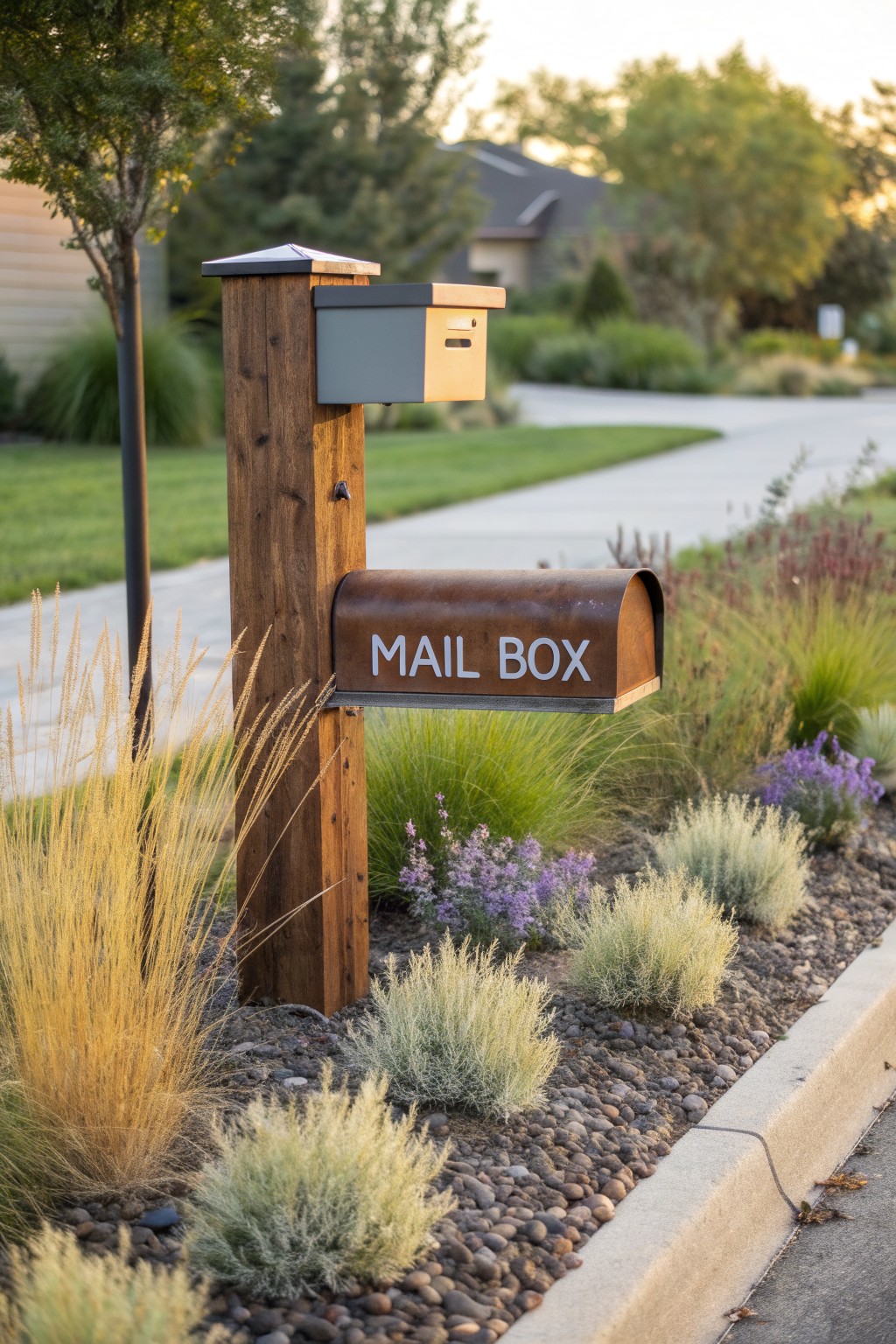 Rustic Mailbox Post with Gravel Garden Plants