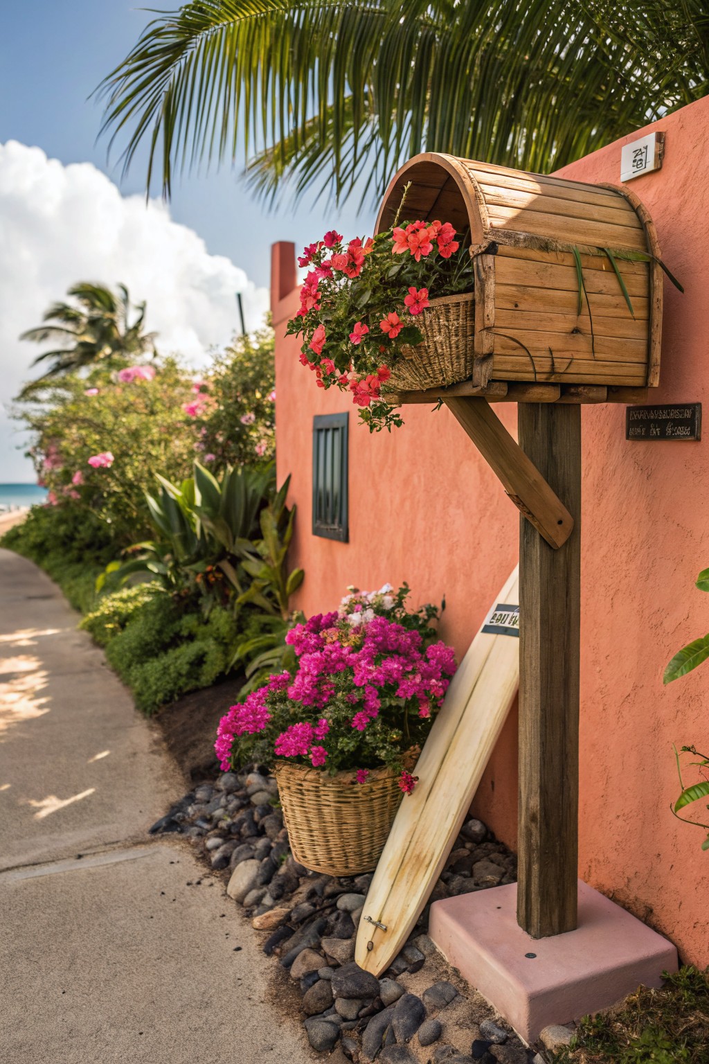 Wooden arched mailbox on a post against a pink stucco wall with a small window, topped with a basket of red geraniums and another basket of pink flowers below, white surfboard leaning on the post, surrounded by tropical plants, rocks, and a concrete path near the beach.