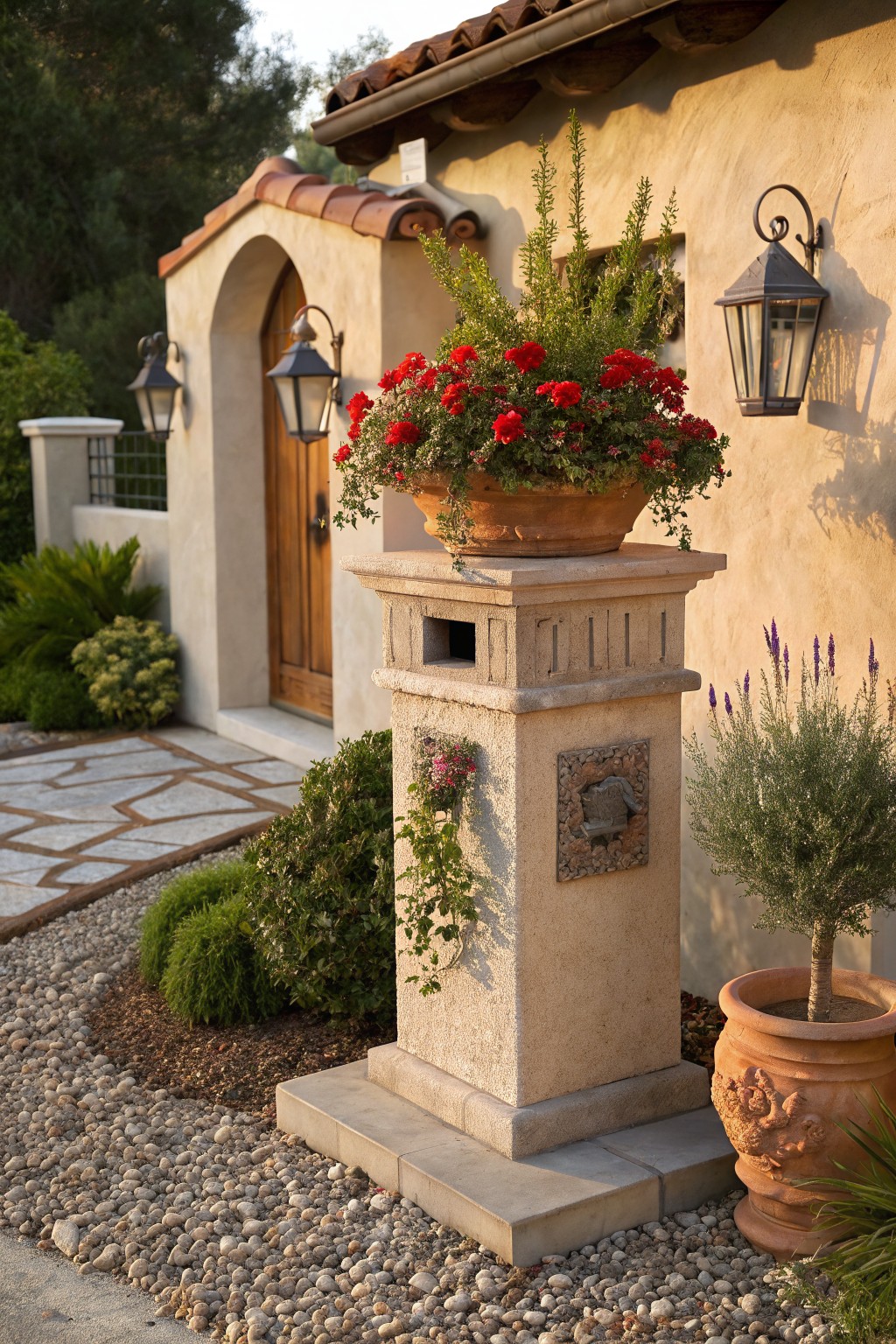 Beige stone pillar with built-in mailbox slot and carved decoration, topped by a large terracotta pot overflowing with red flowers, surrounded by lavender, shrubs, and gravel in a garden bed near a wooden arched door.