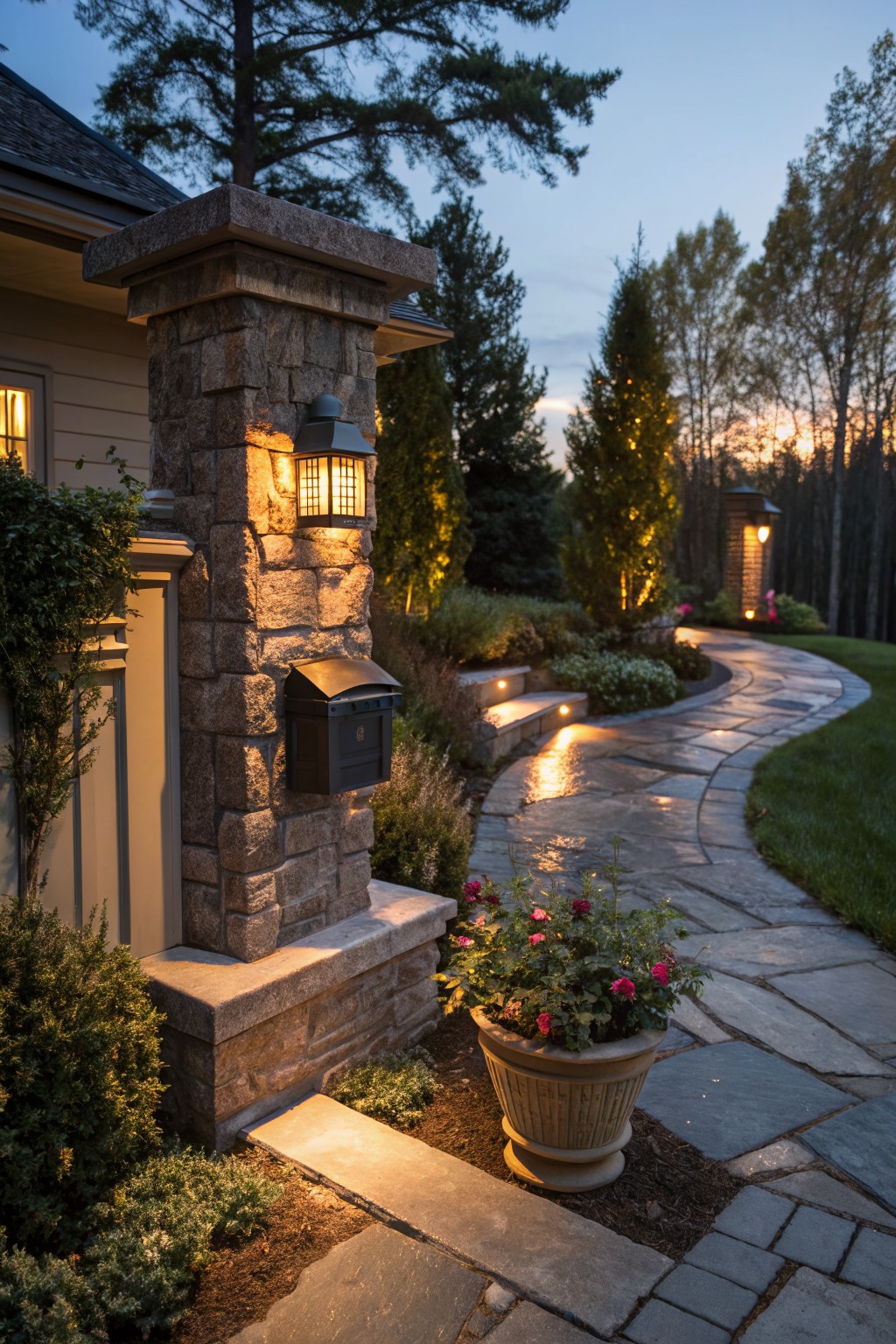 Stone pillar on house exterior with black mailbox, lantern light, and large terracotta pot of pink roses at base, next to winding flagstone path with low-voltage lights through landscaped garden beds at dusk.