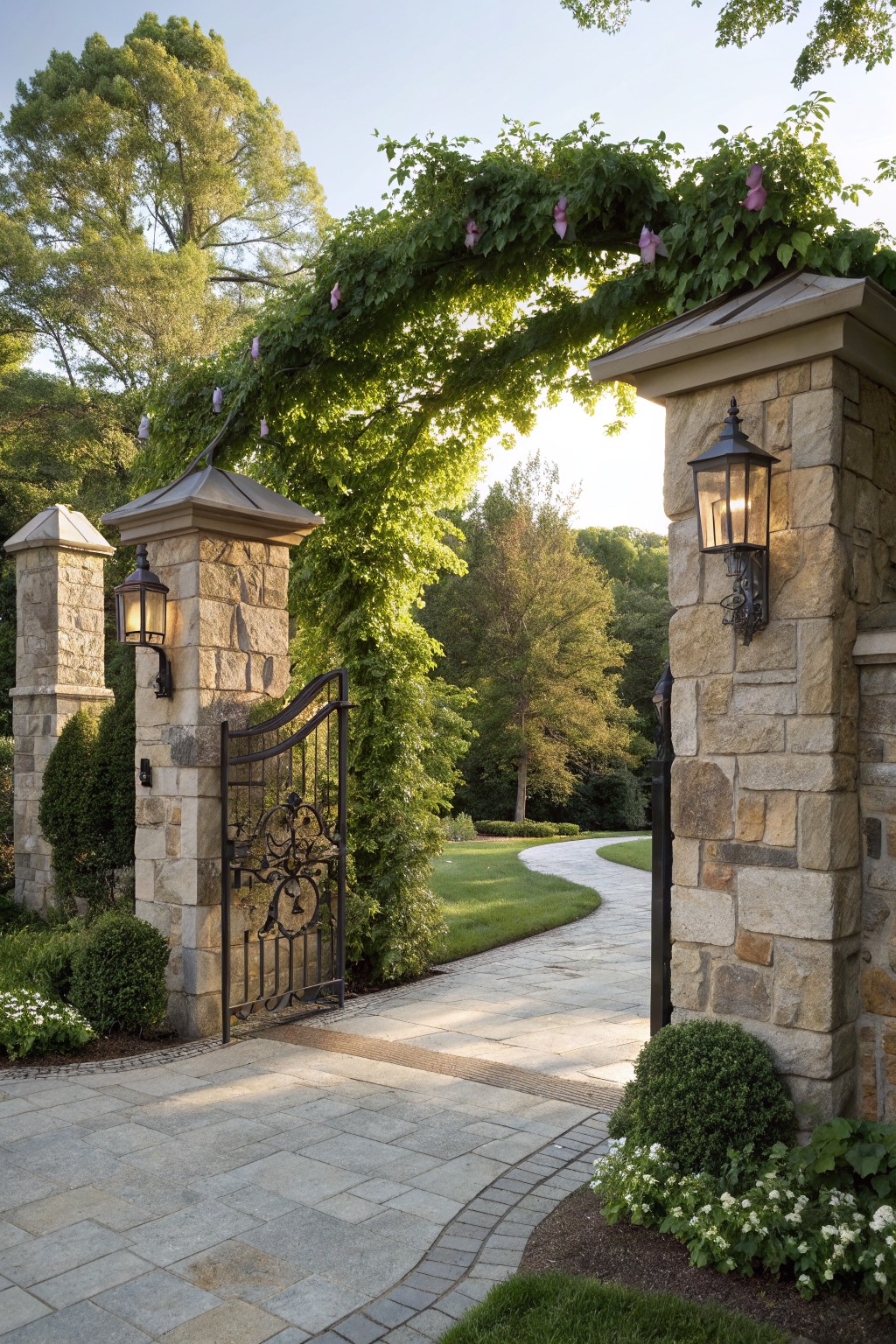 Tall stone pillars with lanterns support a wrought-iron gate arched over by thick green vines with clusters of pink-purple flowers, beside a paved driveway curving into a lawn path lined with shrubs and trees.